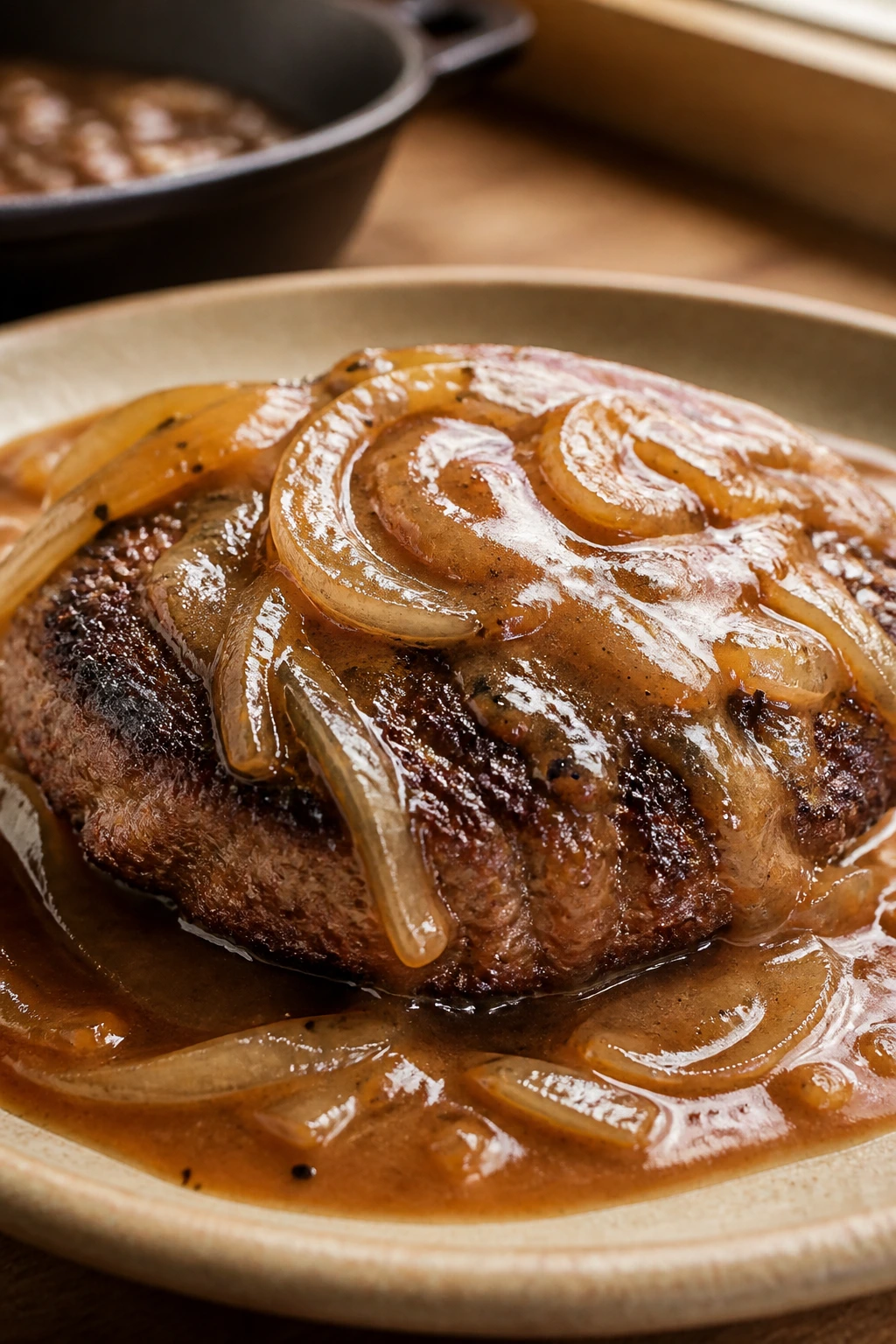 Close-up of a juicy hamburger patty with onion gravy on a warm plate
