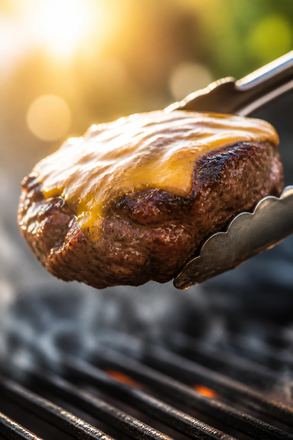 Close-up of a hamburger with grill marks and cheese on a backyard grill
