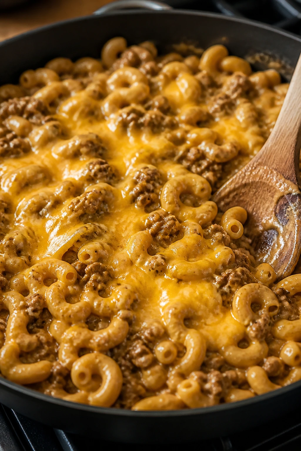 Skillet of homemade hamburger helper with beef and macaroni