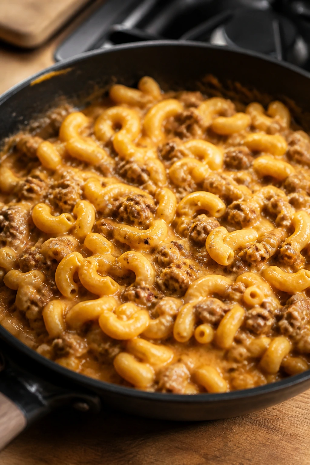 Close-up of homemade hamburger helper-style beef pasta with cheddar in a skillet.
