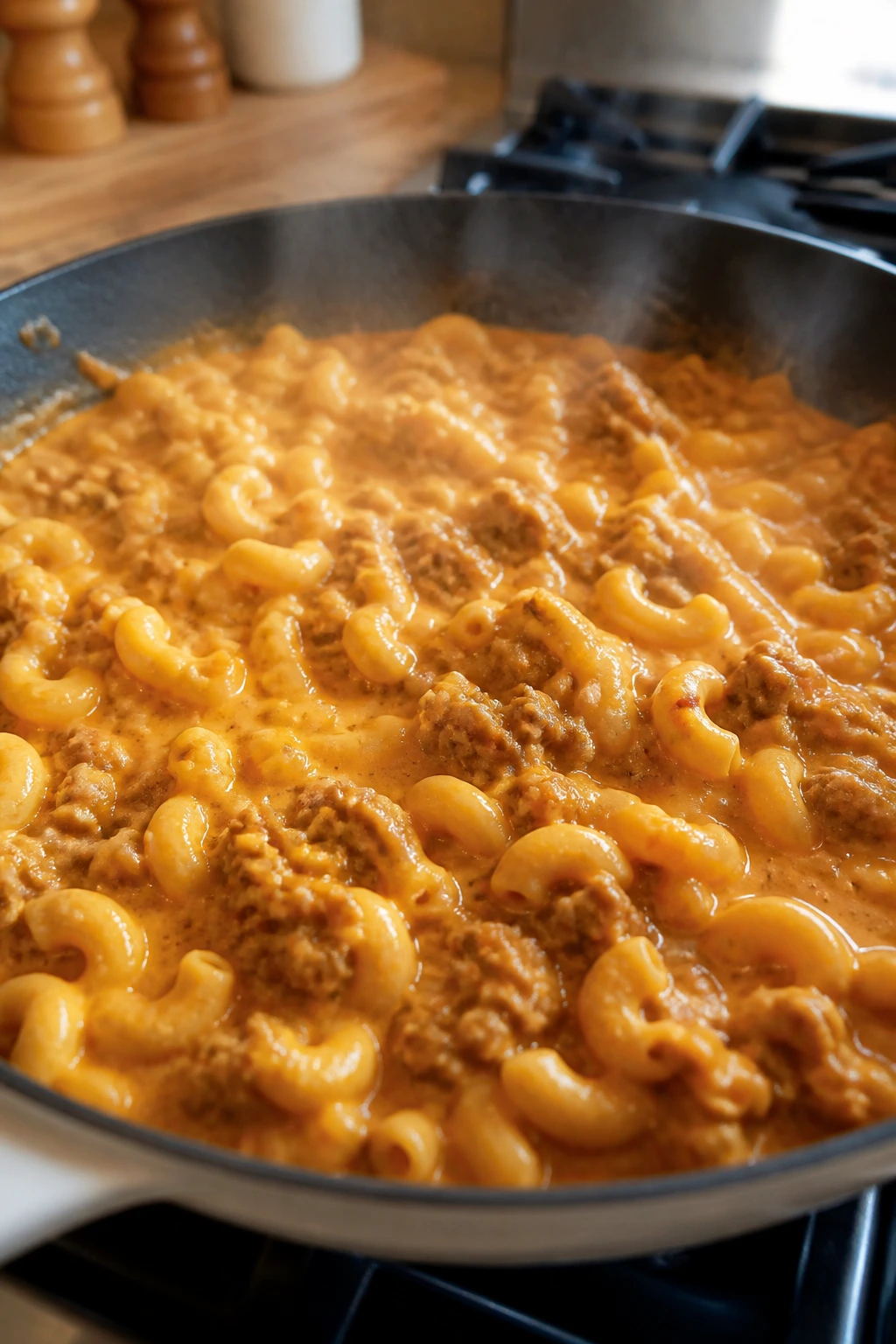 Bubbling hamburger helper in a skillet