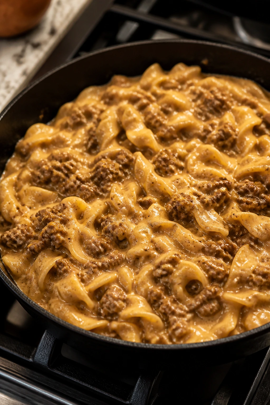 Creamy skillet beef and noodles in a cast-iron pan