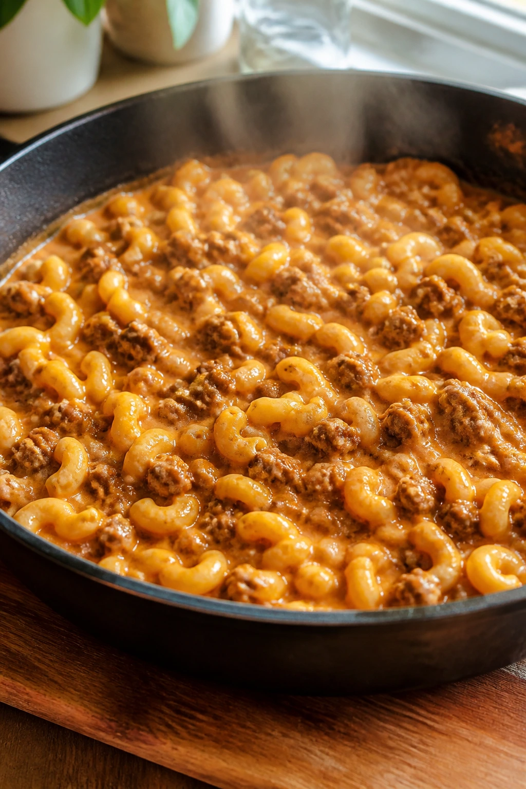 Close up of beef and macaroni in a creamy tomato sauce skillet.