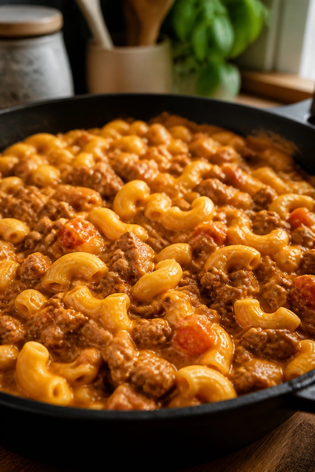 Elbow macaroni in creamy tomato-cheddar sauce with ground beef in a skillet