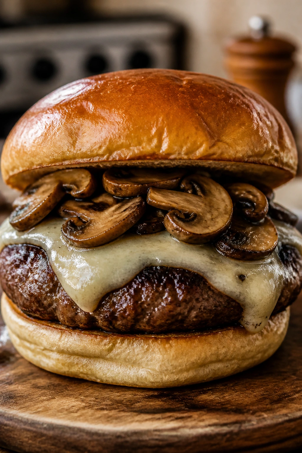 Mushroom Swiss hamburger close-up with melted cheese and mushrooms