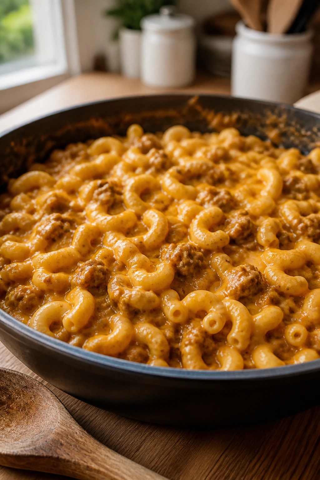 Creamy elbow macaroni with ground beef in a skillet, hamburger helper-inspired pasta