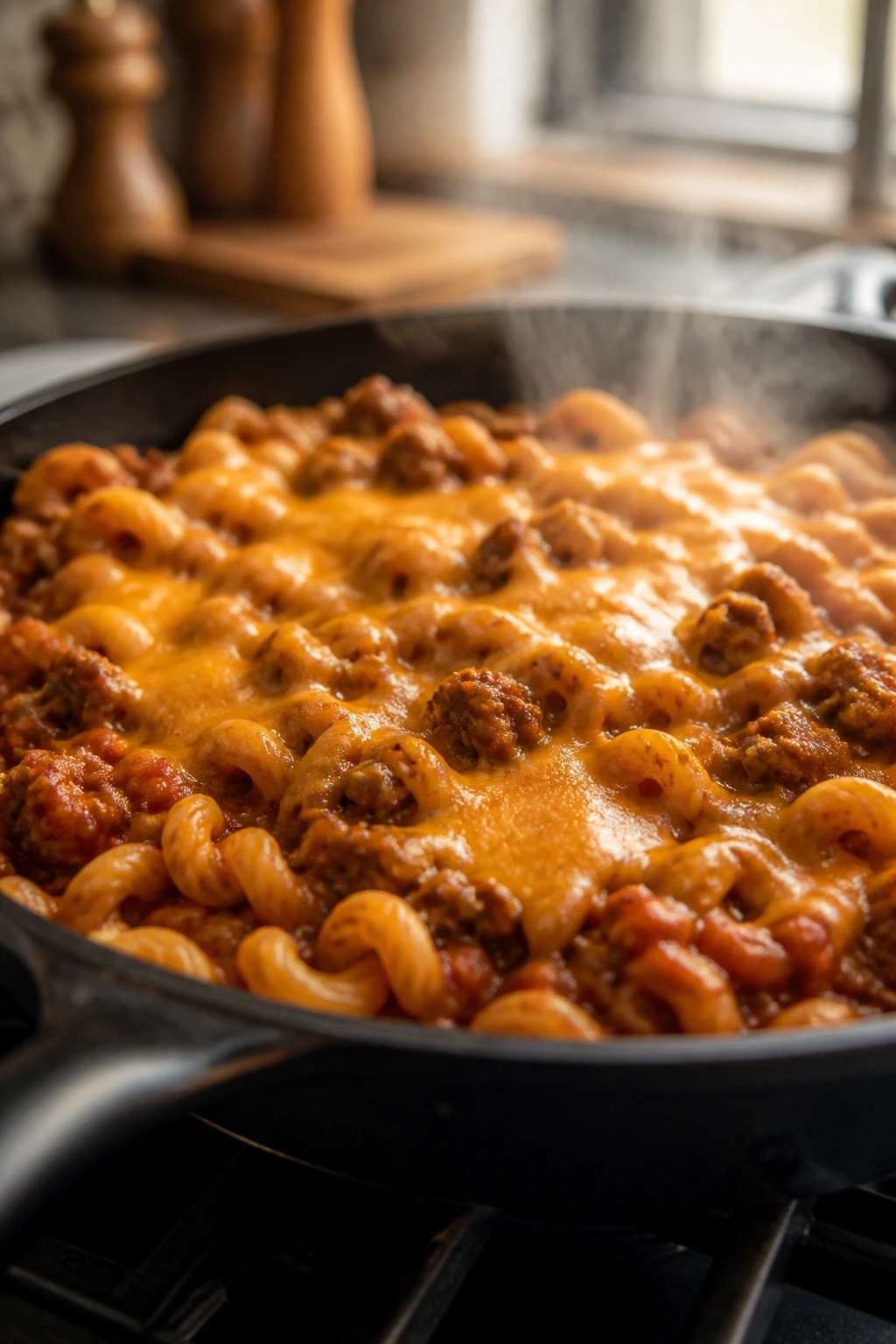 Close-up of Hamburger-Style Skillet Pasta in a skillet with beefy tomato sauce and melted cheese