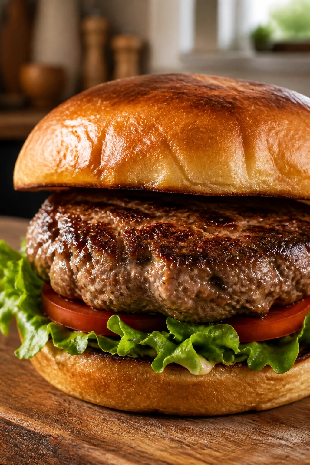 Close-up of a classic hamburger with browned patty and crisp toppings on a toasted bun