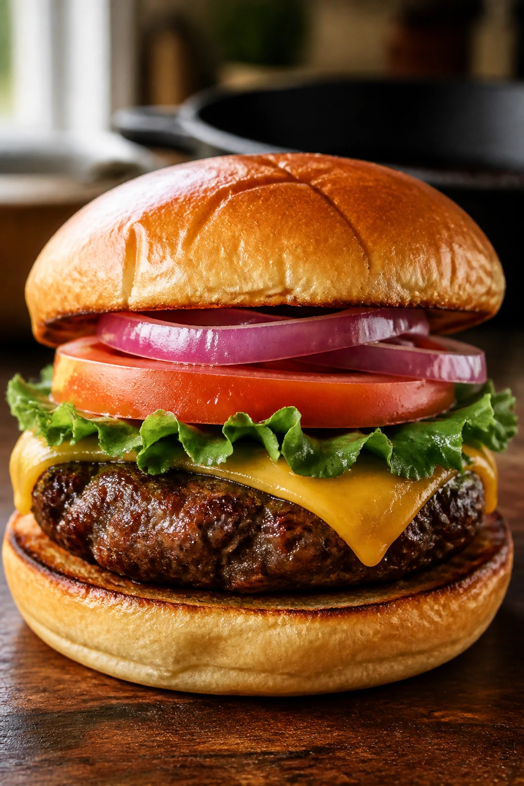 Juicy classic hamburger close-up with toasted bun and crisp toppings