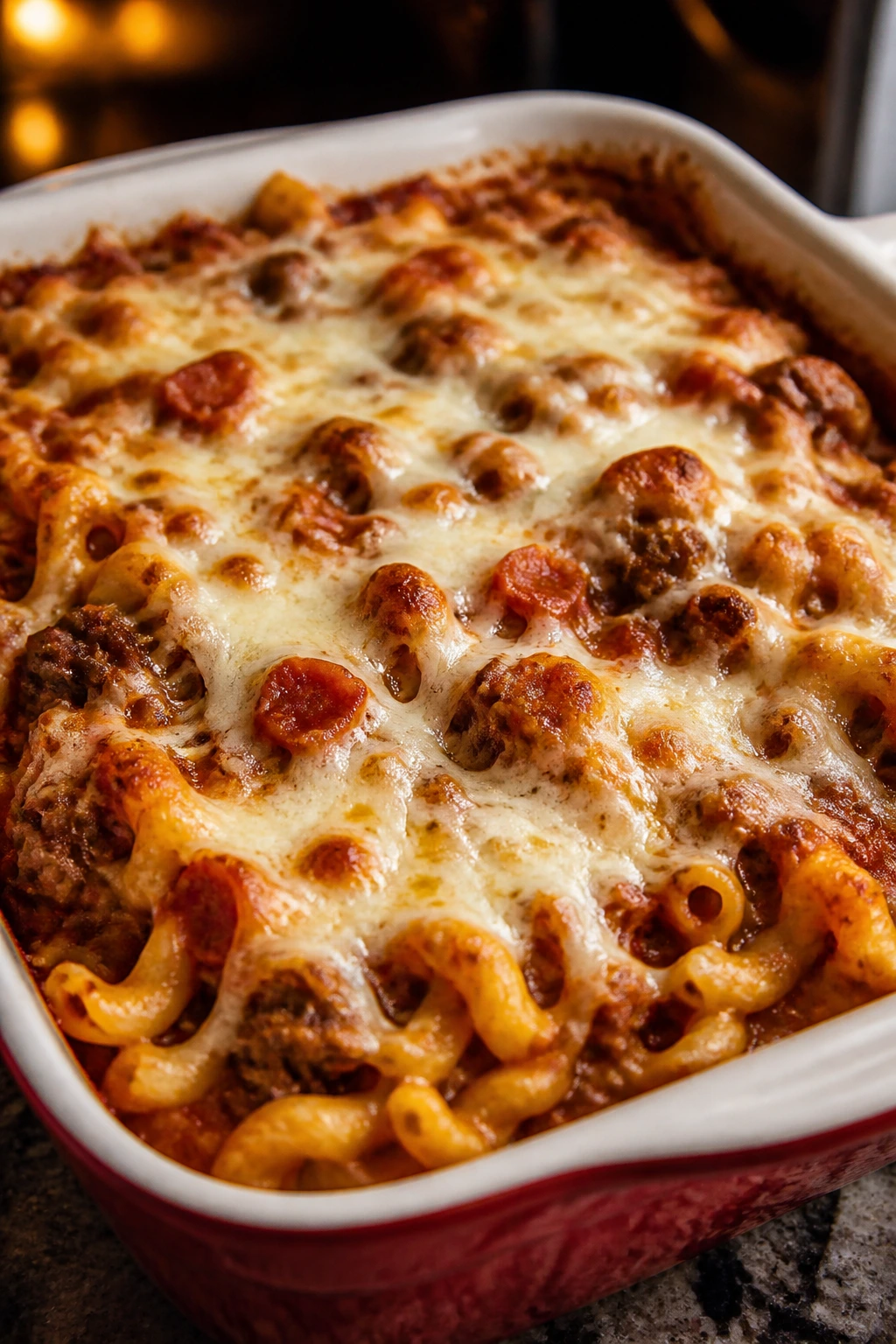 Close-up of hamburger pizza bake in a baking dish with melted cheese