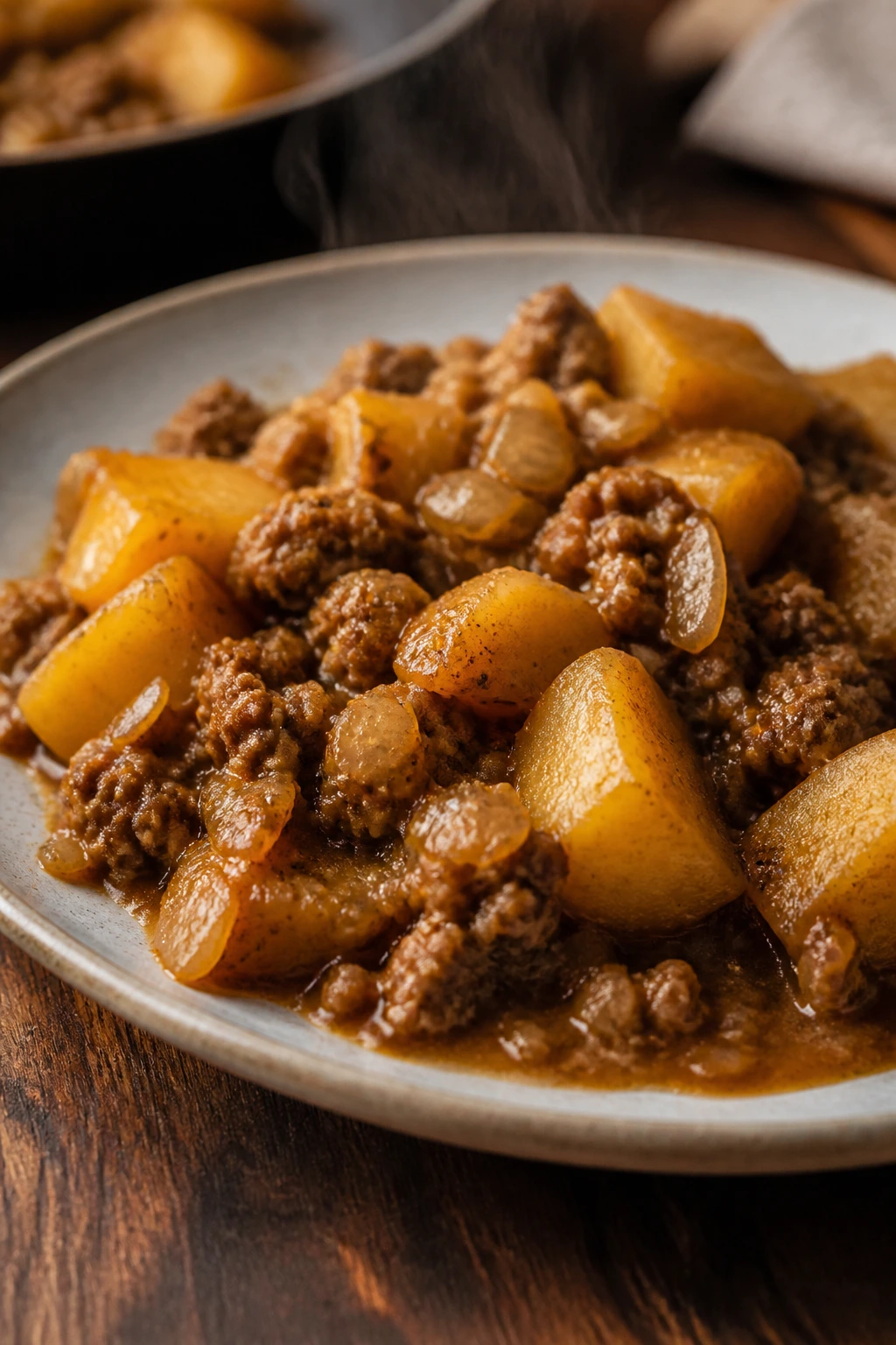 Plated tender hamburger and potatoes with crumbled beef in light gravy