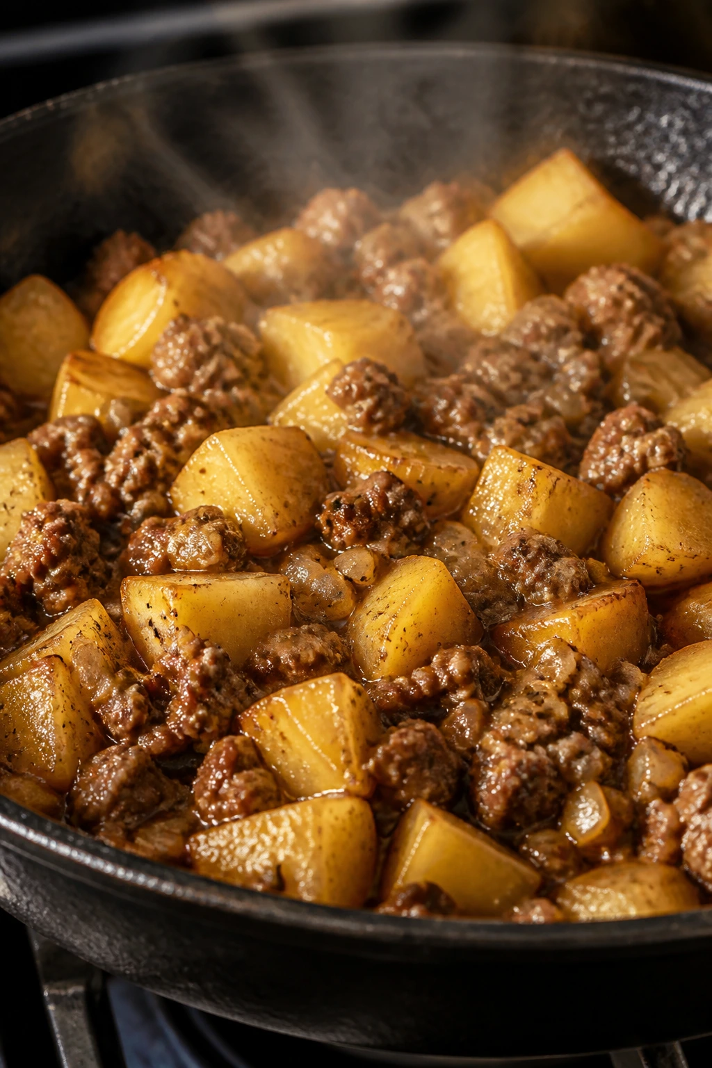 Close-up of a skillet with browned beef and potatoes in savory sauce