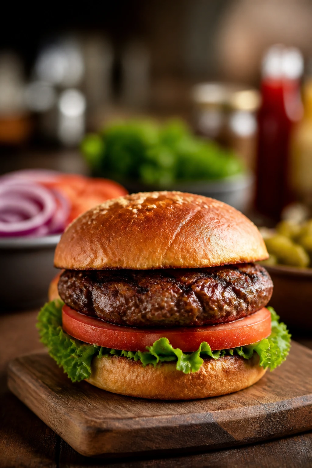 Close-up of a grilled hamburger on a toasted bun with lettuce and tomato on a serving platter