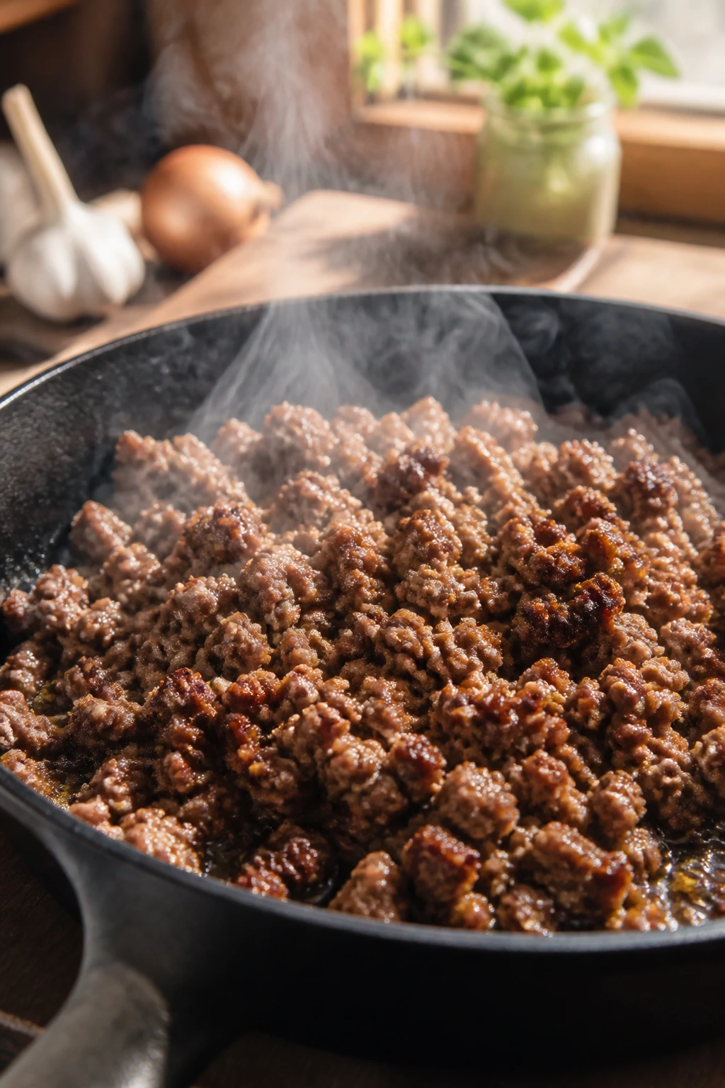 Close-up of browned ground beef in a cast-iron skillet in a rustic kitchen
