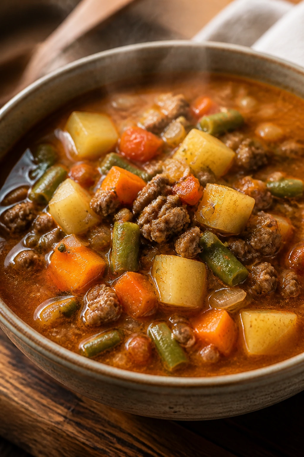 Steaming bowl of hamburger soup with beef and vegetables