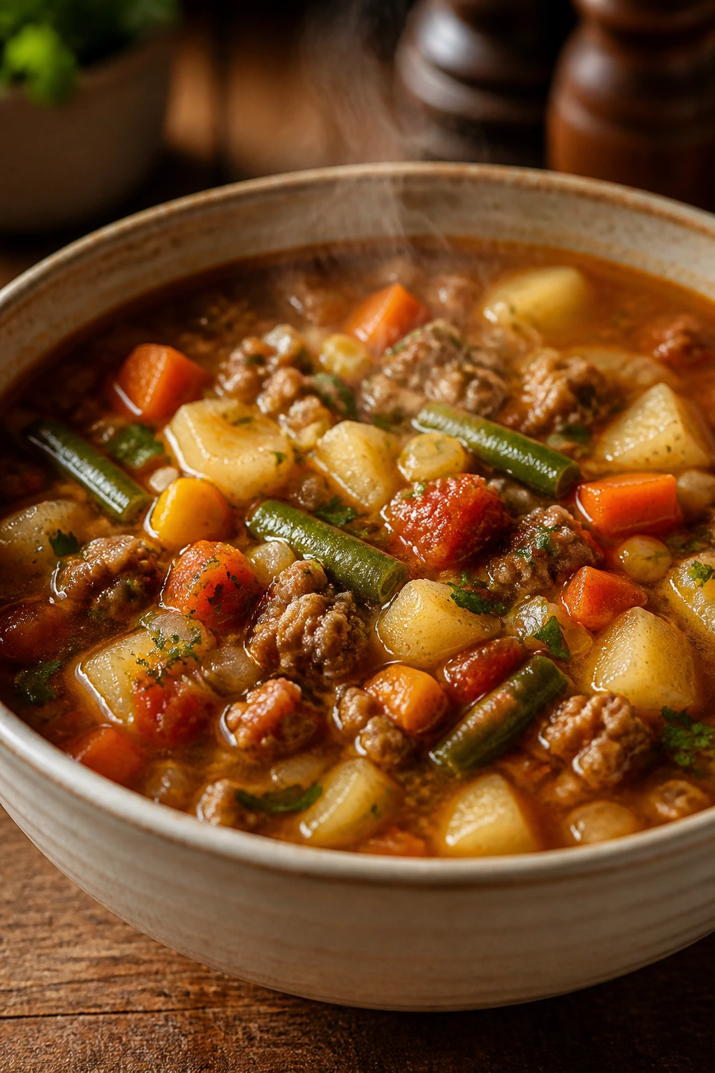 Steaming bowl of hamburger vegetable soup with beef and vegetables.
