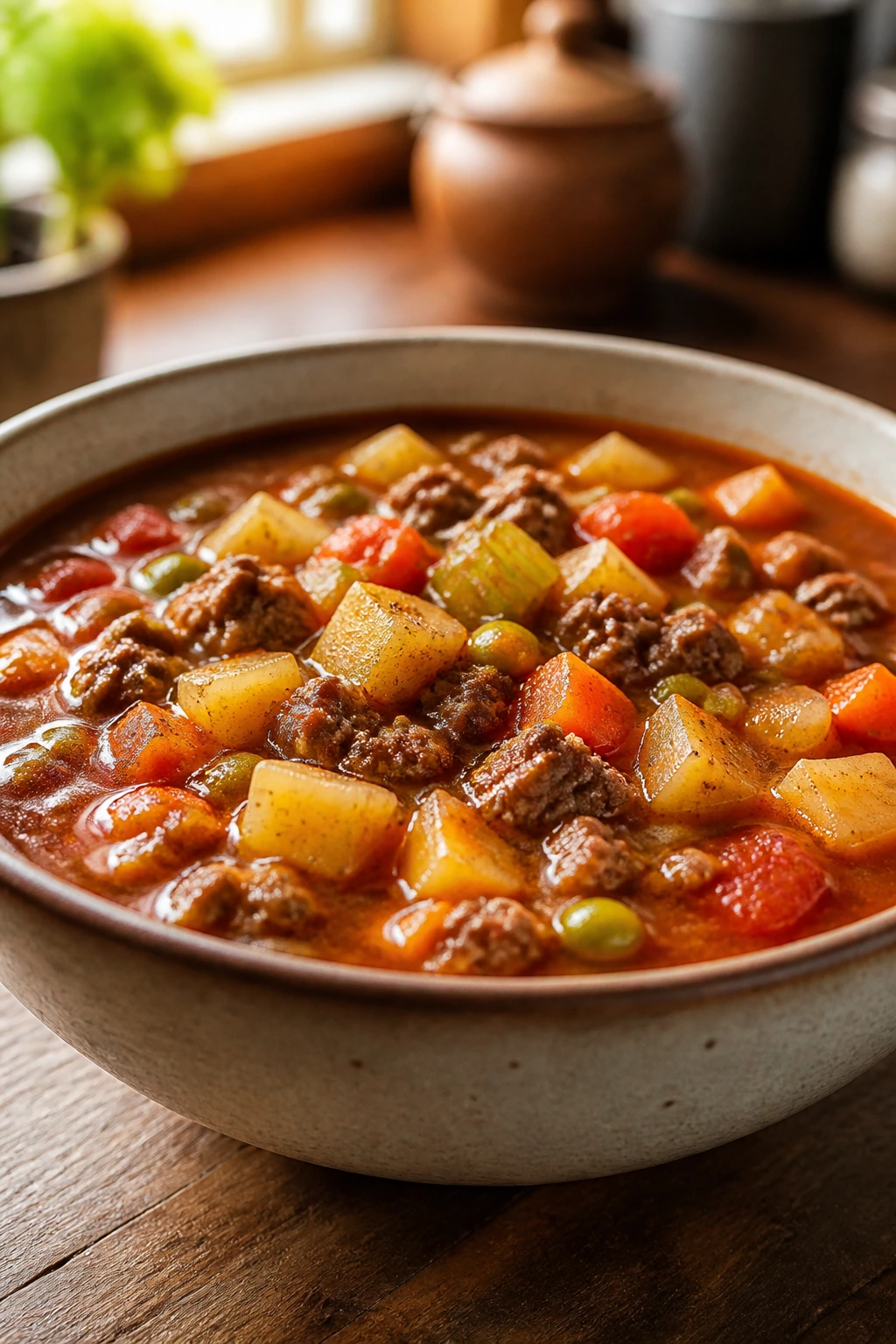 Close-up of hamburger soup with potatoes and vegetables in a steaming bowl.