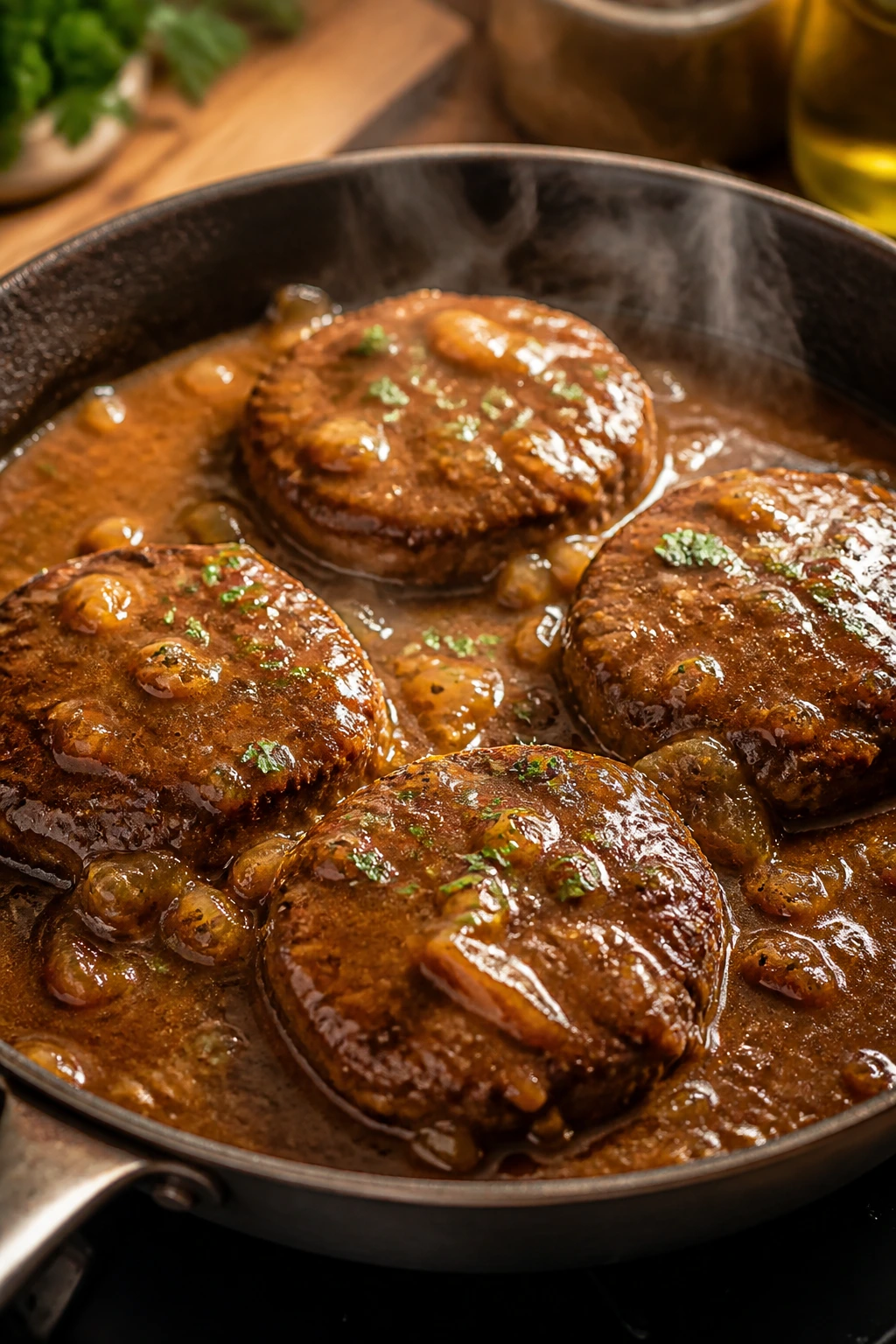 Patties finished in onion gravy simmering in a skillet