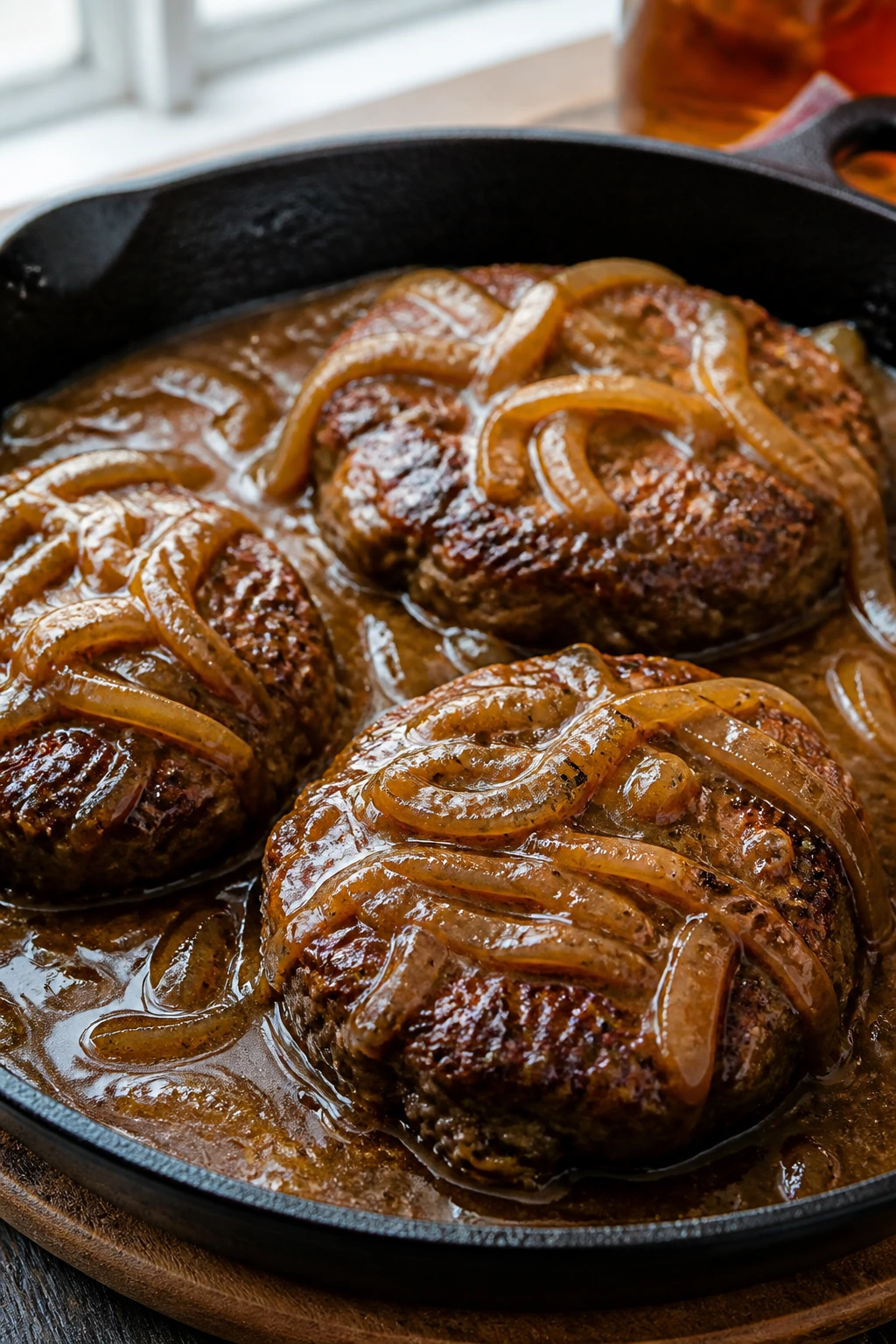 Close-up of hamburger steaks in onion gravy in a cast-iron skillet
