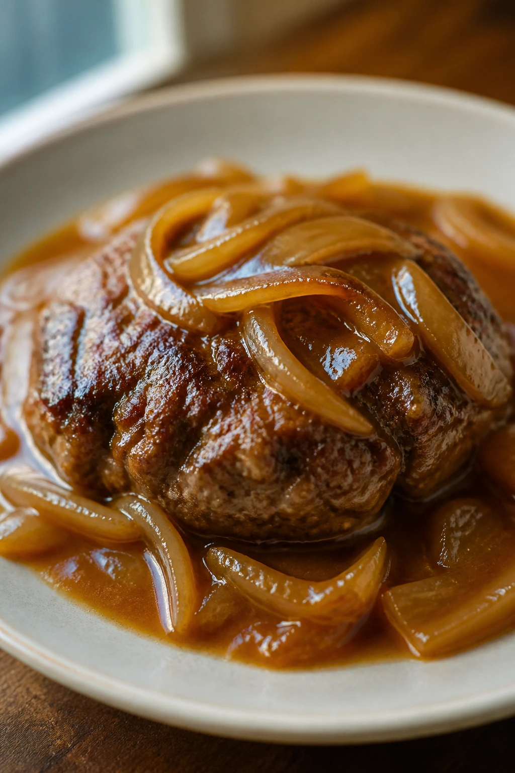 Juicy hamburger steak in onion gravy on a plate with caramelized onions