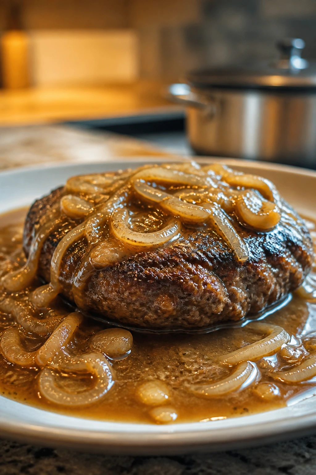 Tender hamburger patty resting in onion gravy on plate