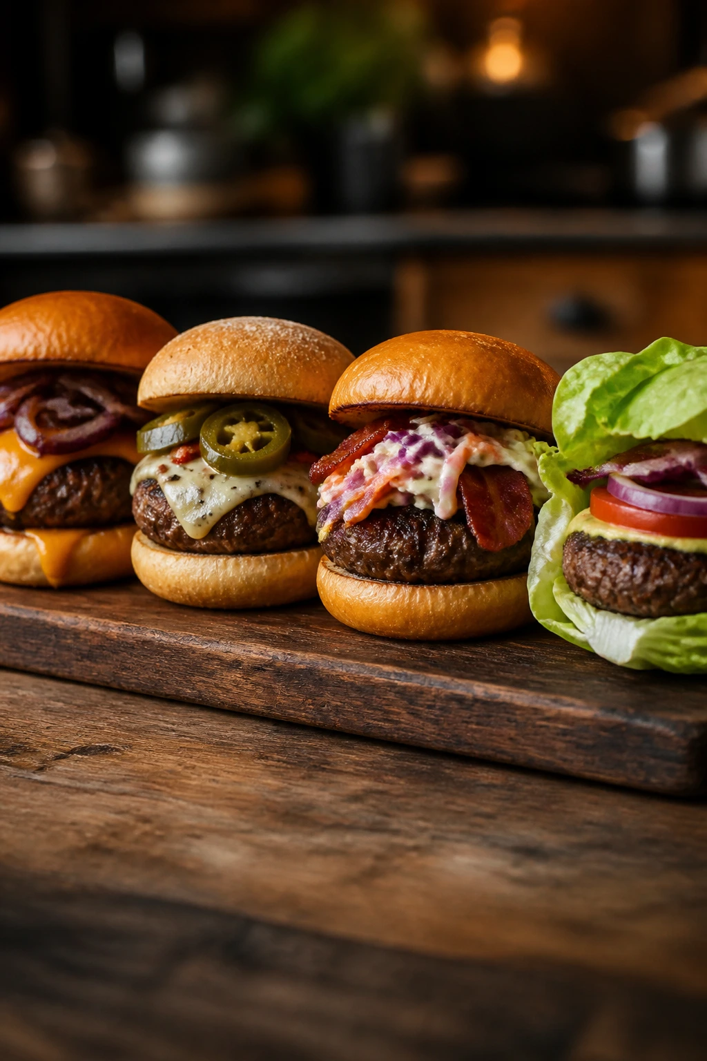 Four hamburger variations on a wooden board featuring different toppings