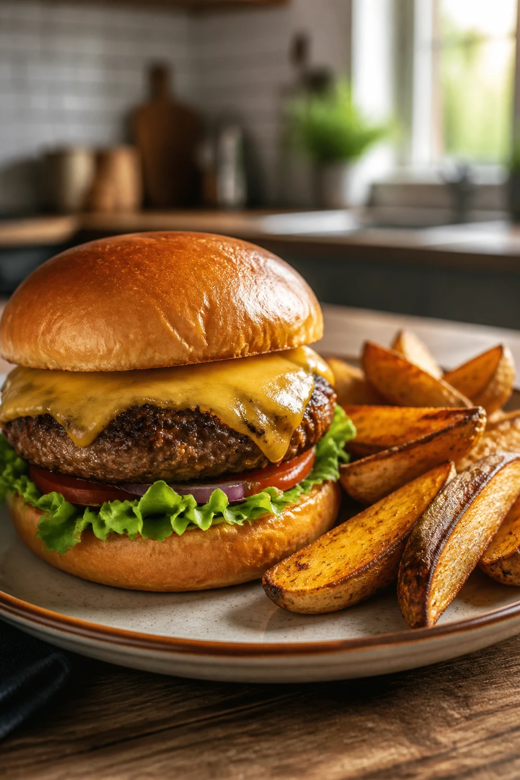 Close-up of a homemade hamburger with oven wedges on a plate