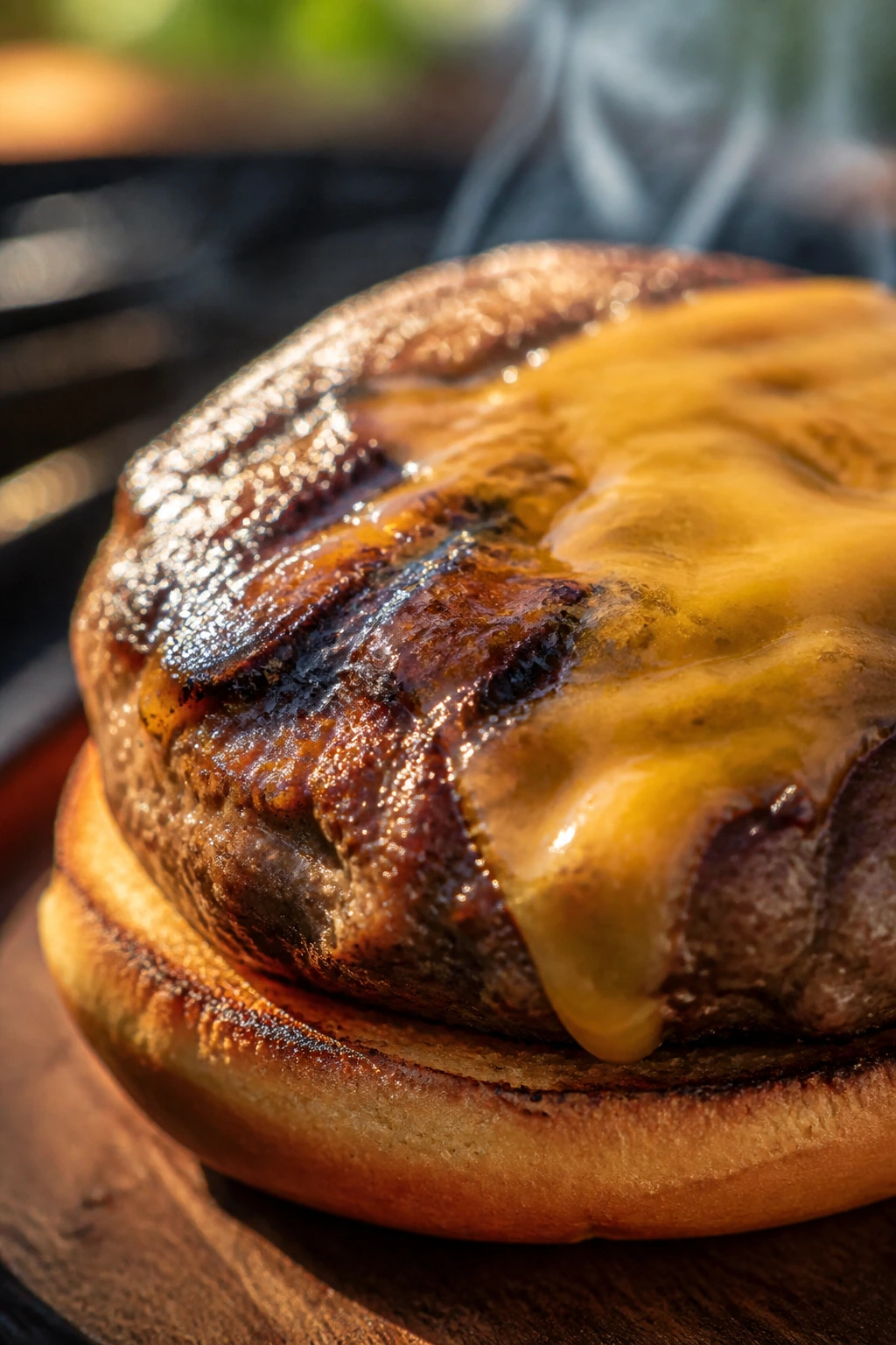 Close-up of a juicy grilled hamburger filling the frame in a backyard setting