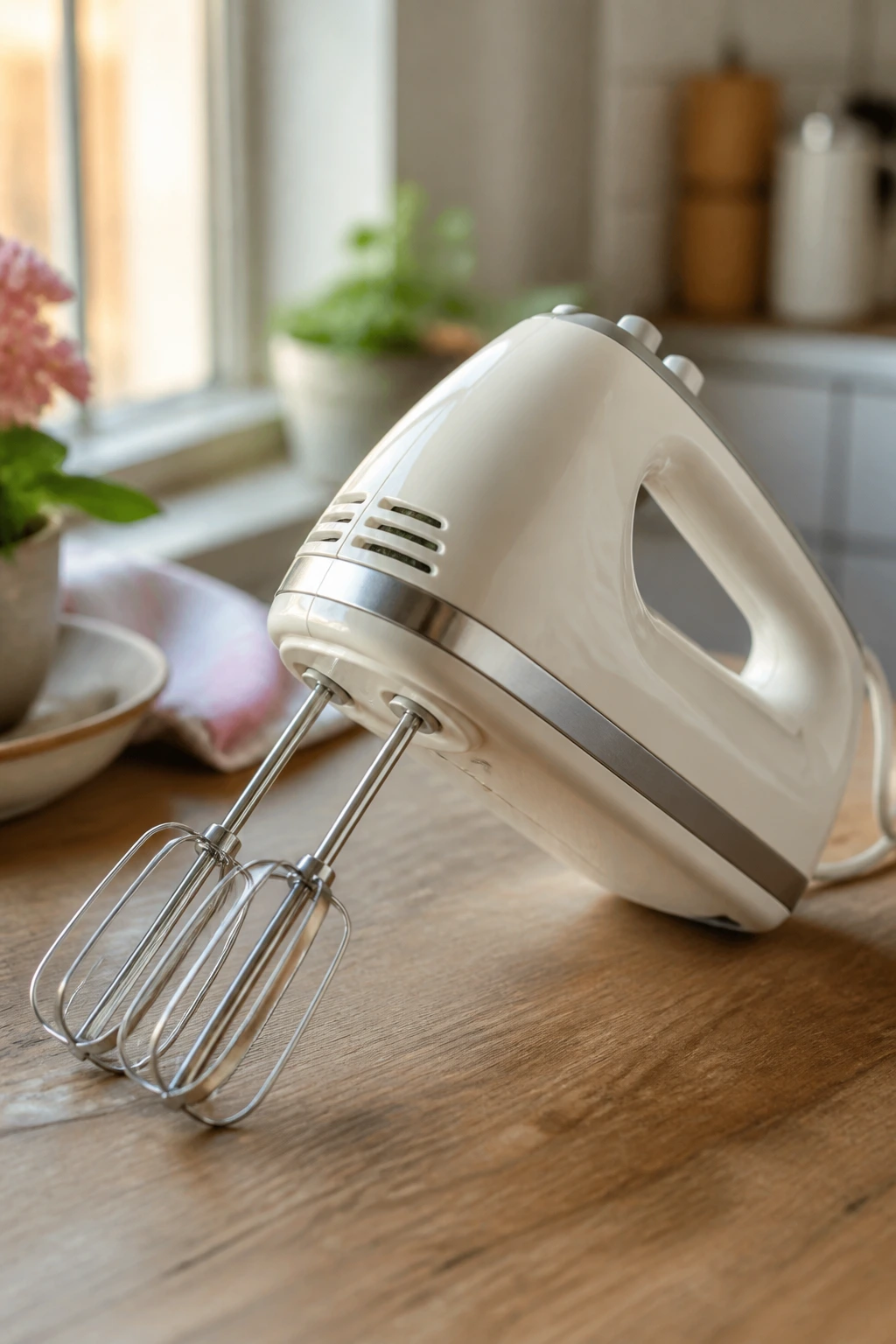Close-up of a handheld mixer on a wooden kitchen counter