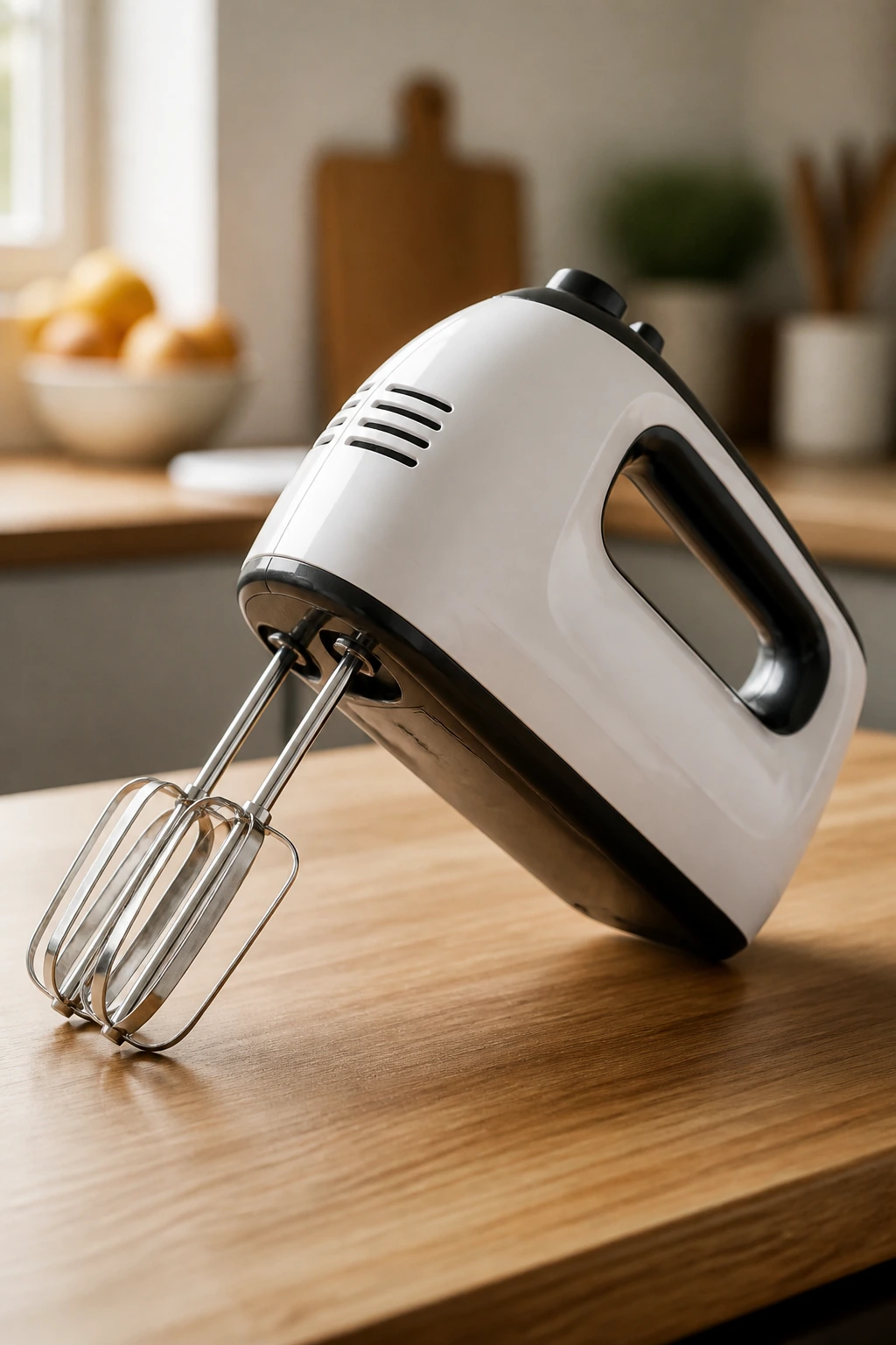 Close-up of a handheld mixer on a wooden kitchen counter.