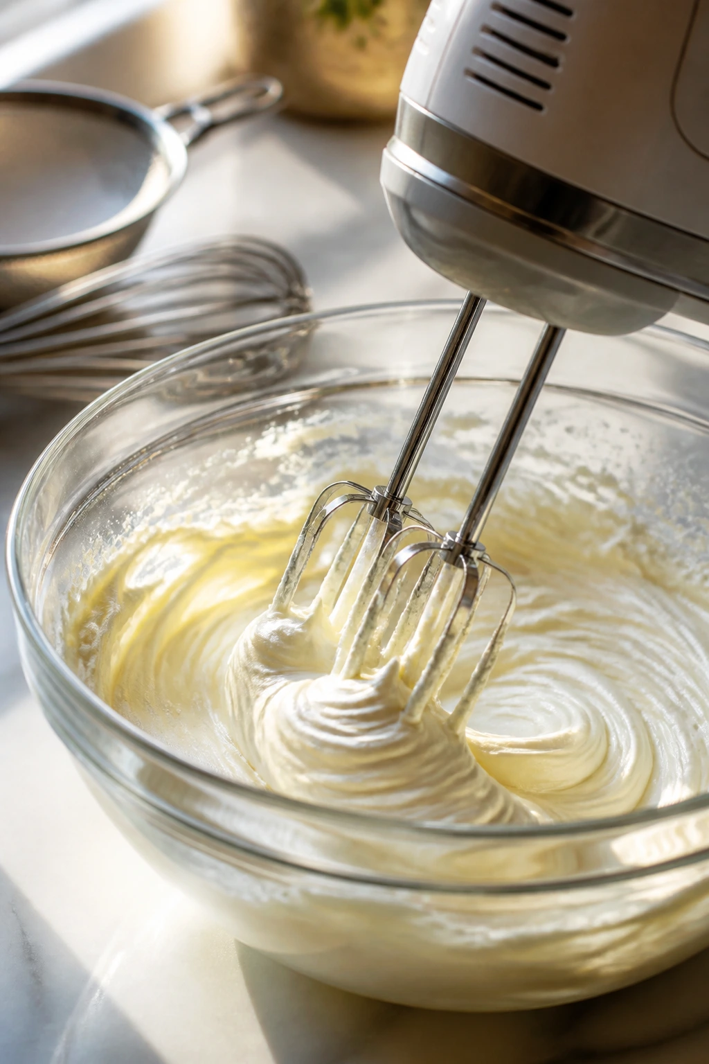 Hand mixer beating cream cheese frosting in a bowl