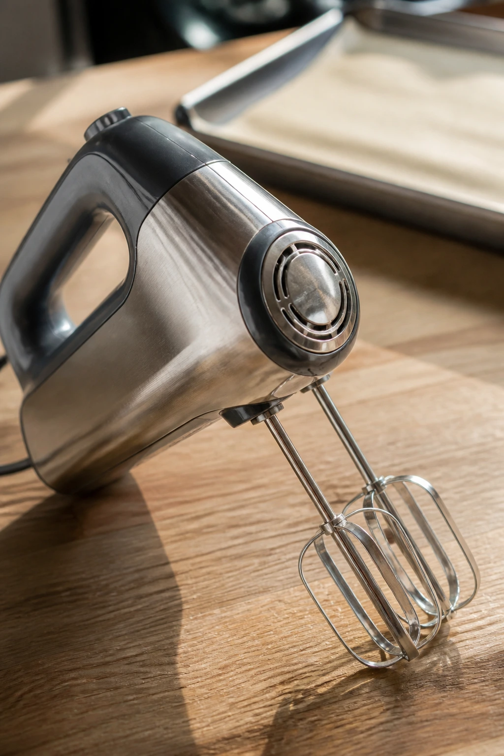 Close-up of a hand mixer on a wooden kitchen counter