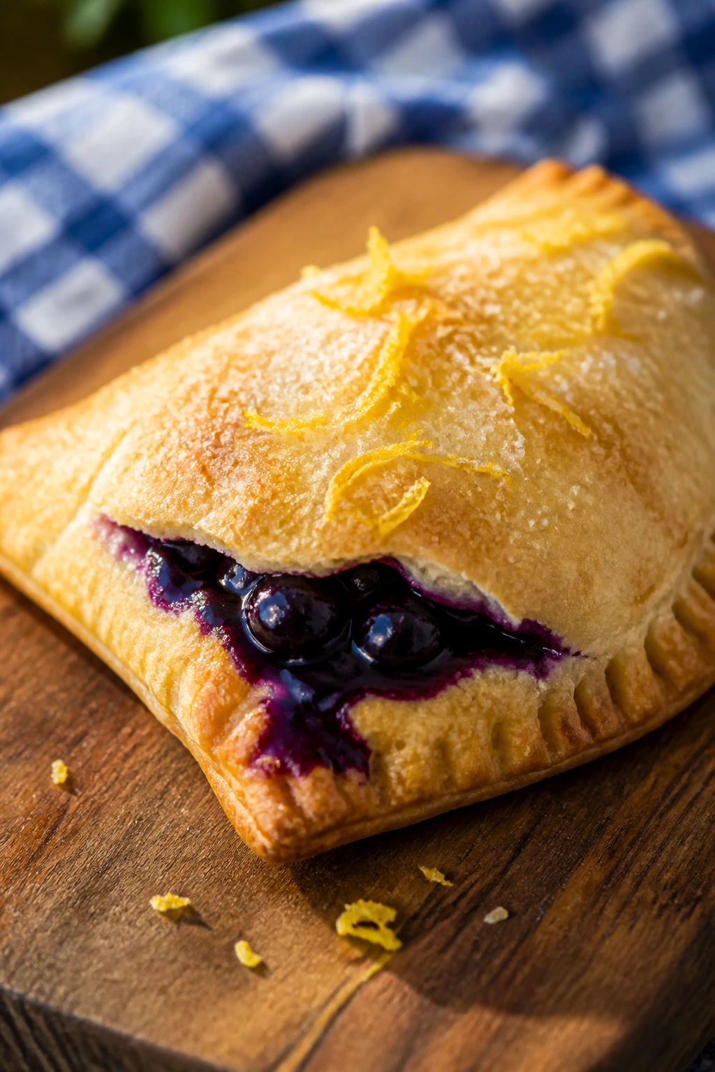 Close-up of a lemon blueberry hand pie on wood