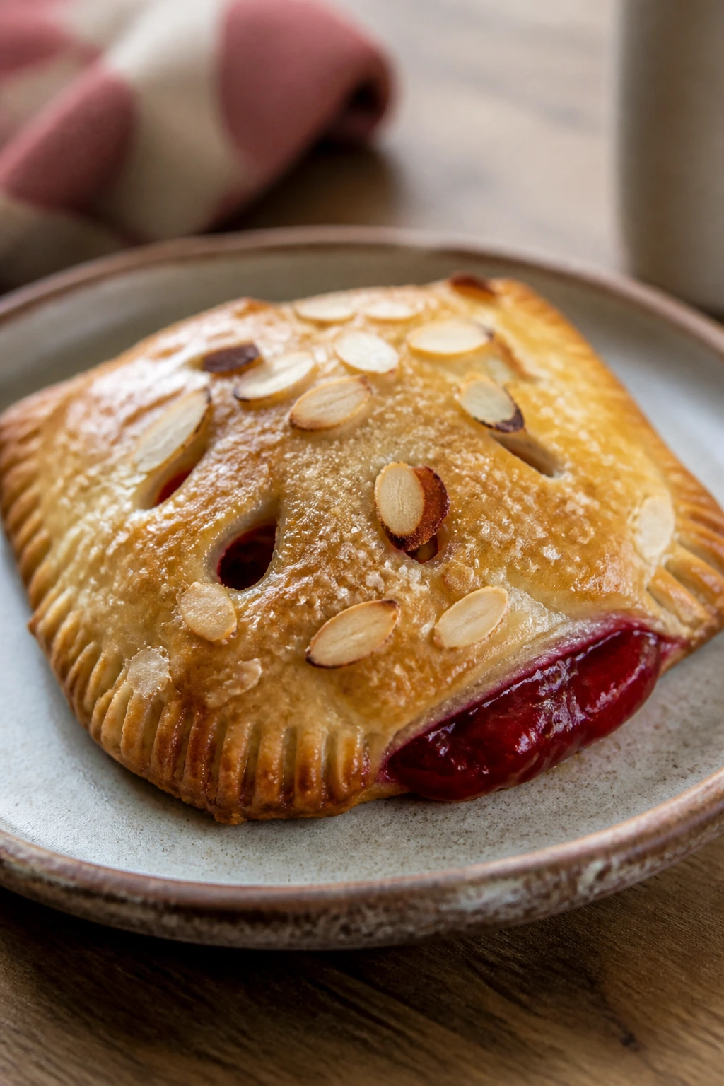 Close-up of cherry almond hand pie with flaky crust and cherry filling
