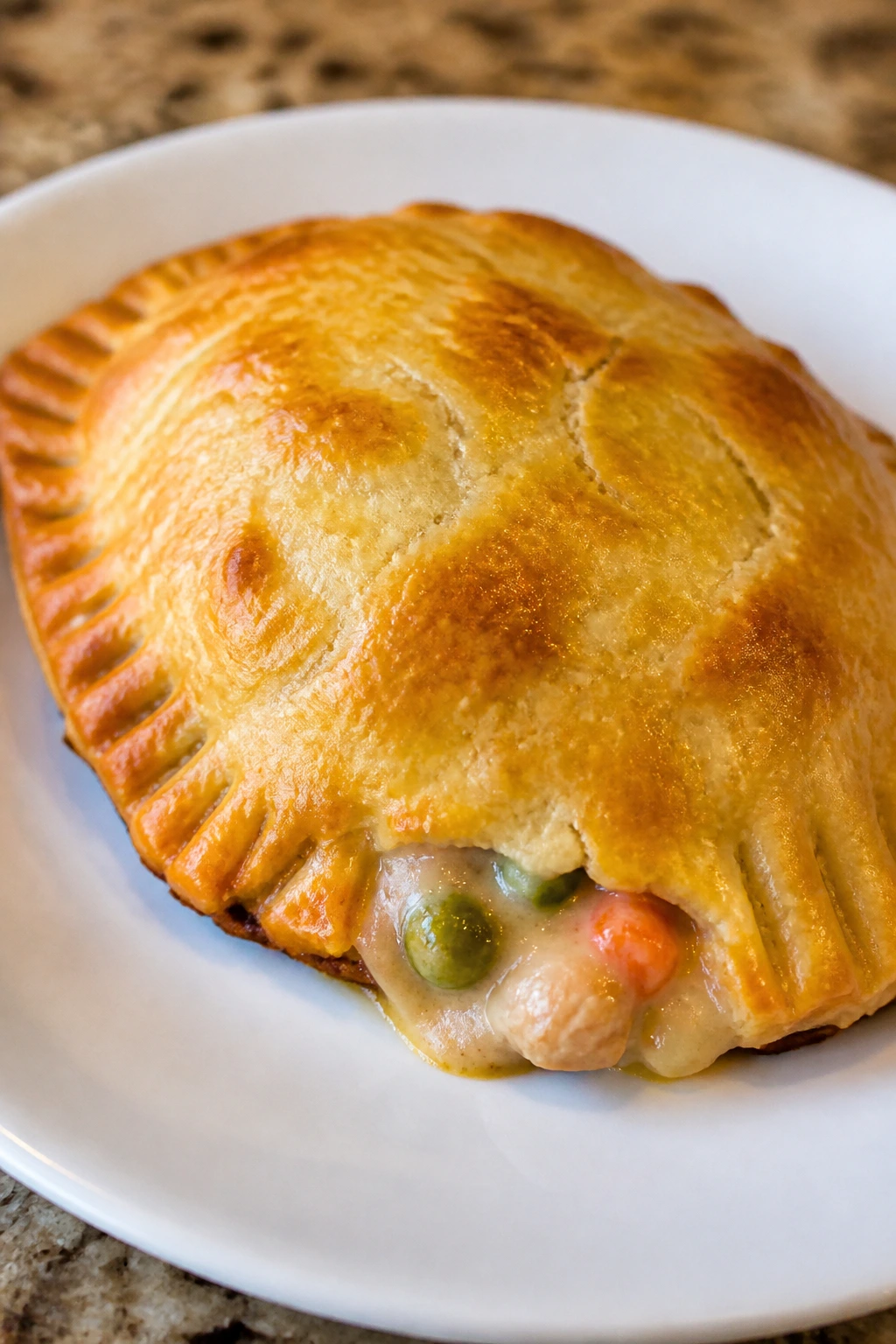 Close-up of a chicken pot pie hand pie on a plate