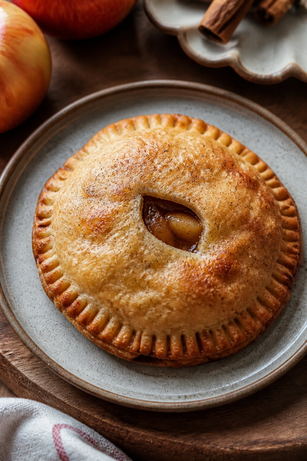 Close-up of an apple cinnamon hand pie on a rustic plate.