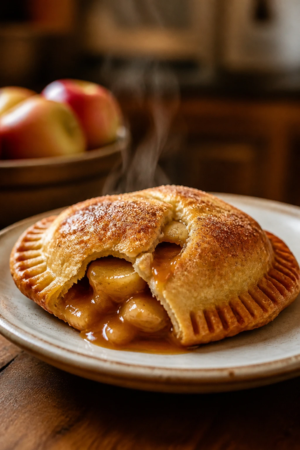 Close-up of caramel apple hand pie on plate