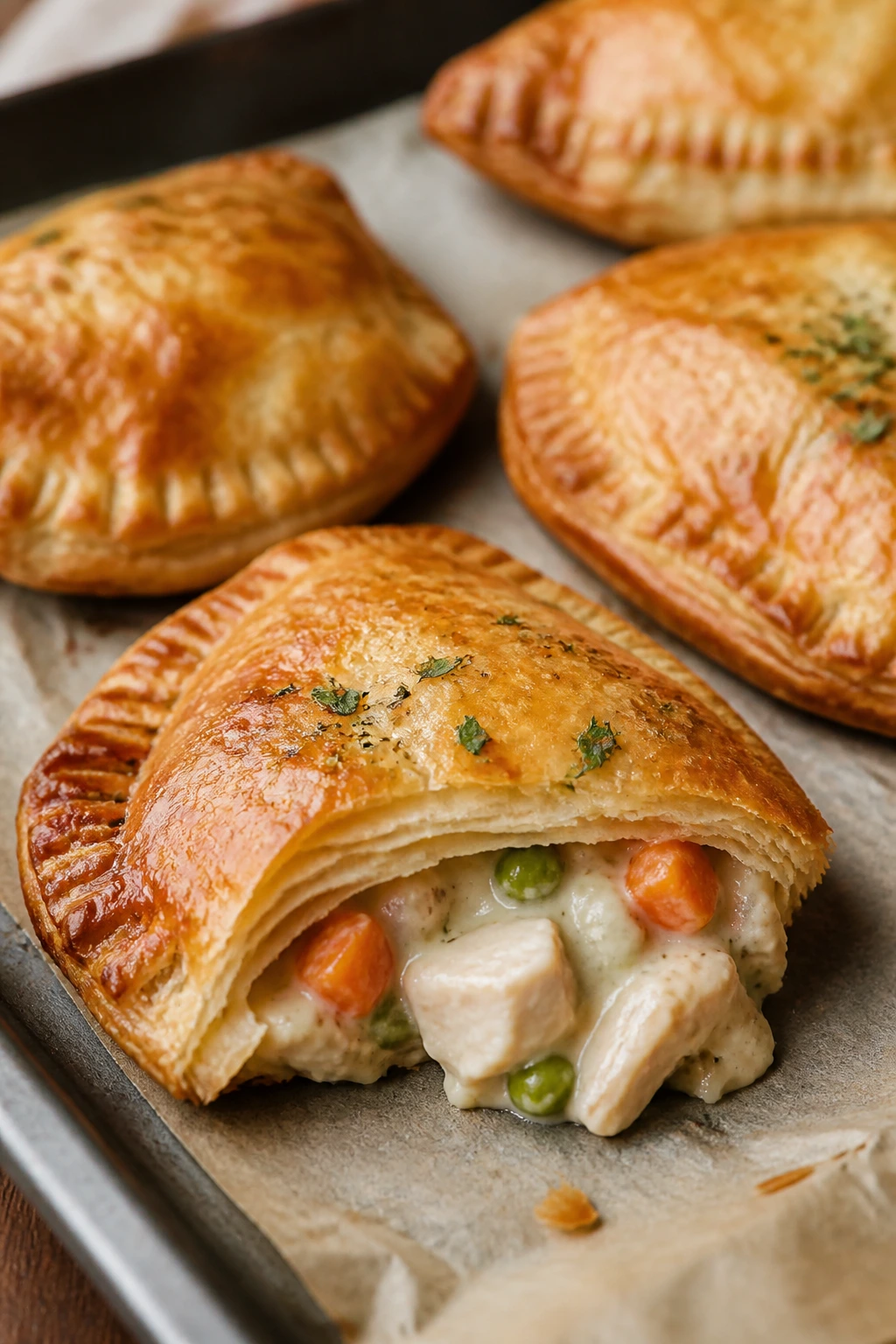 Close-up of flaky chicken pot pie hand pies on parchment