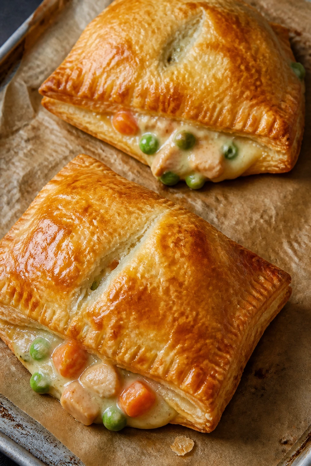Close-up of chicken pot pie hand pies on parchment