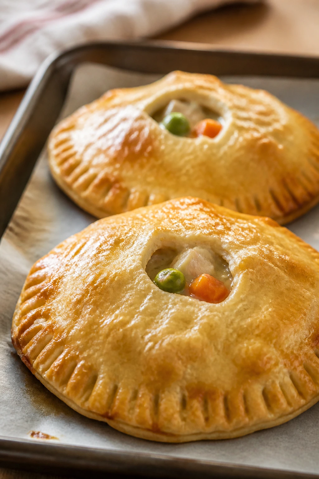 Golden chicken pot pie hand pies on parchment in a warm kitchen