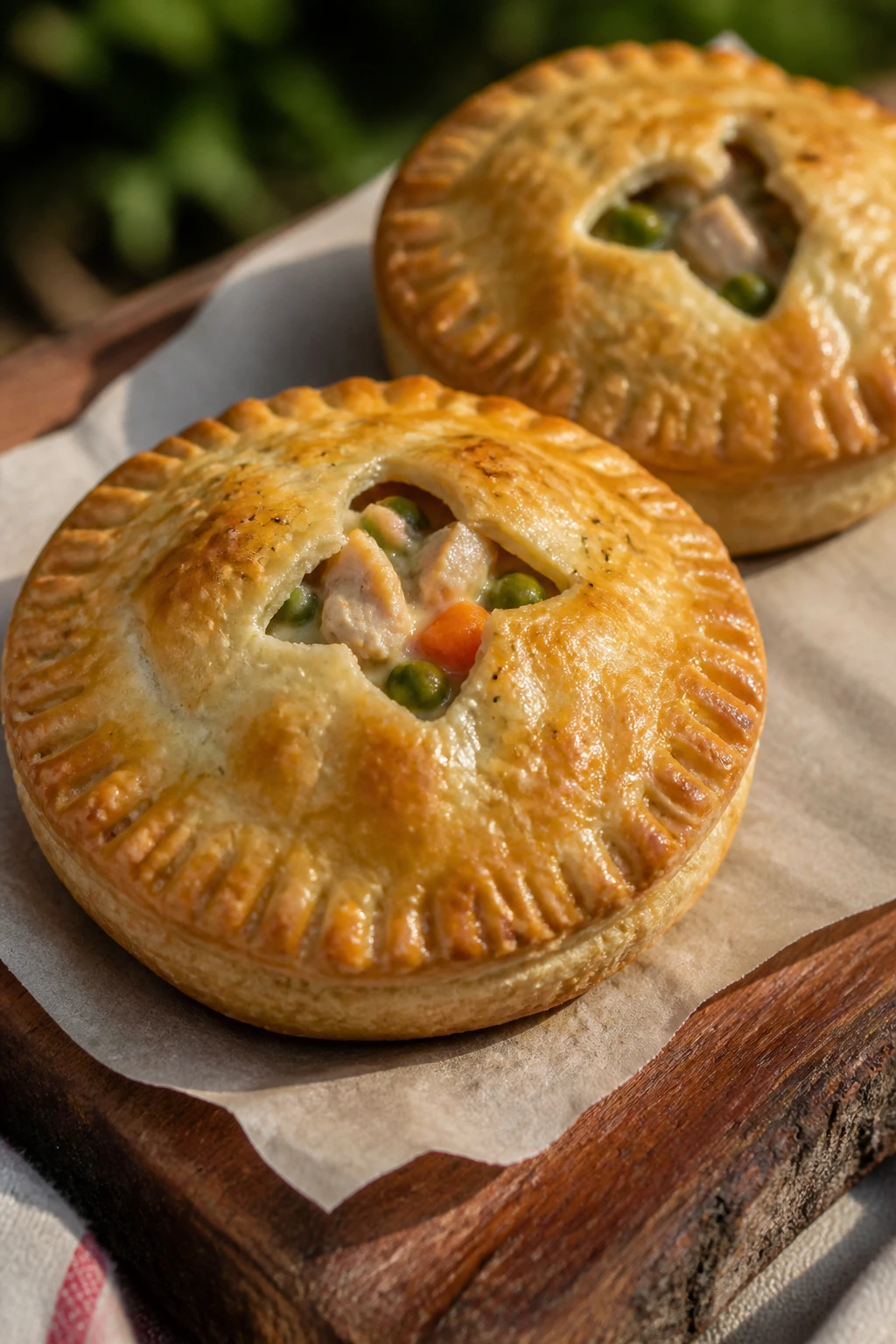Close-up of mini chicken pot pie hand pies on parchment
