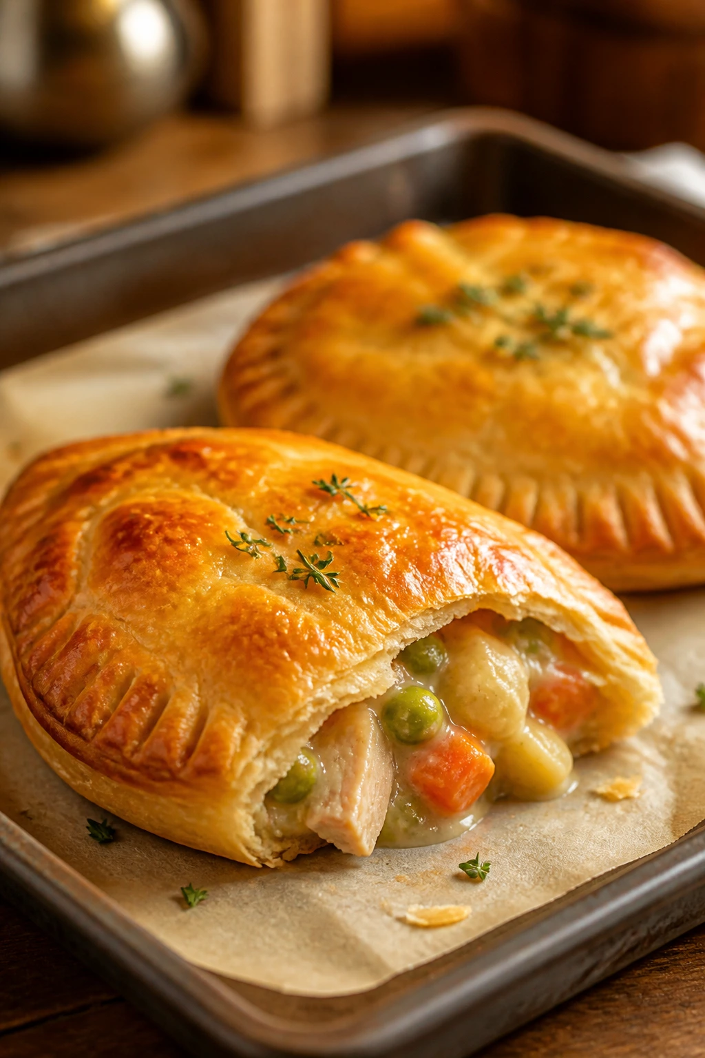Two chicken pot pie hand pies with golden crust