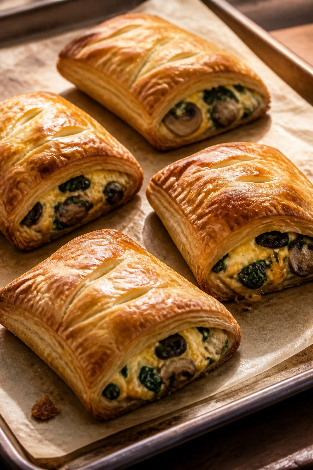 Close-up of veggie and cheese hand pies on a baking sheet