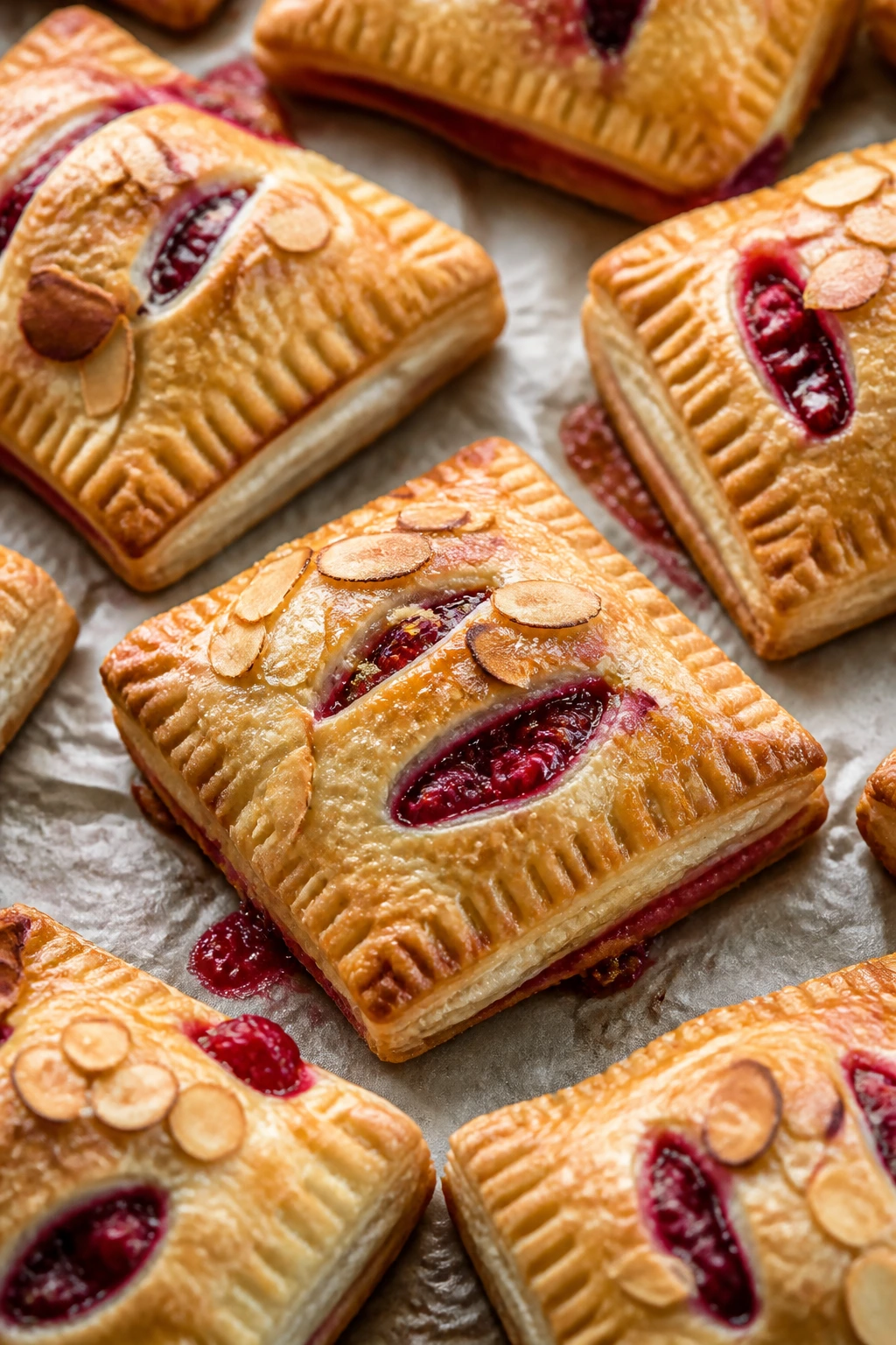 Close-up of raspberry almond hand pies on parchment with flaky crust