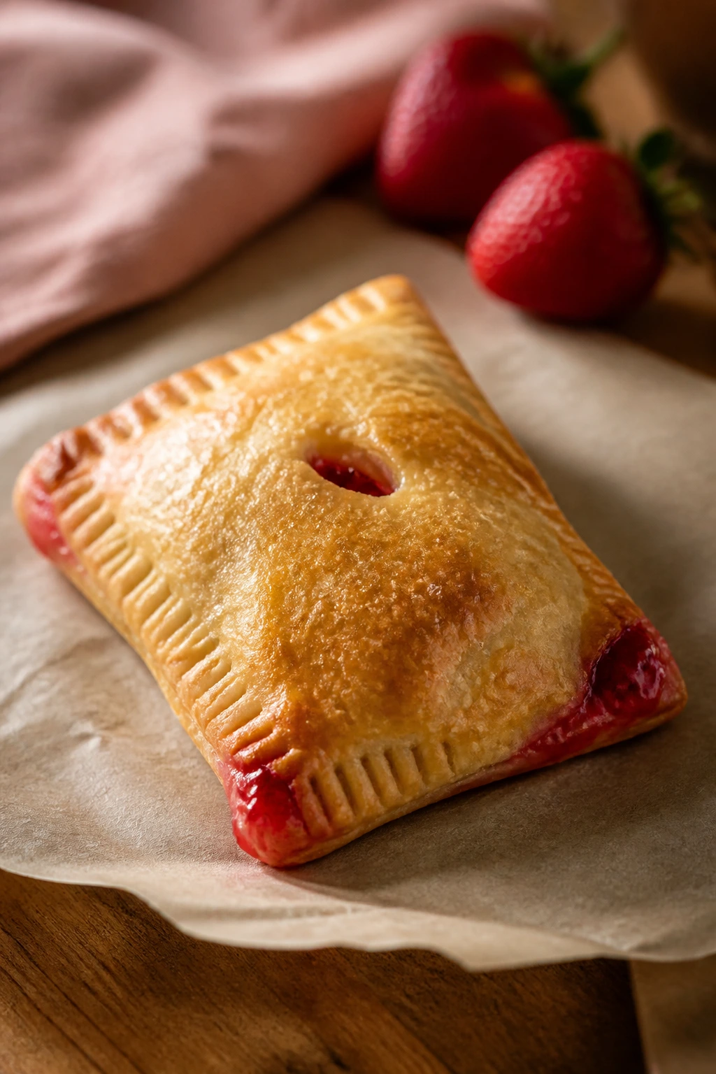 Close-up of a strawberry hand pie with golden crust