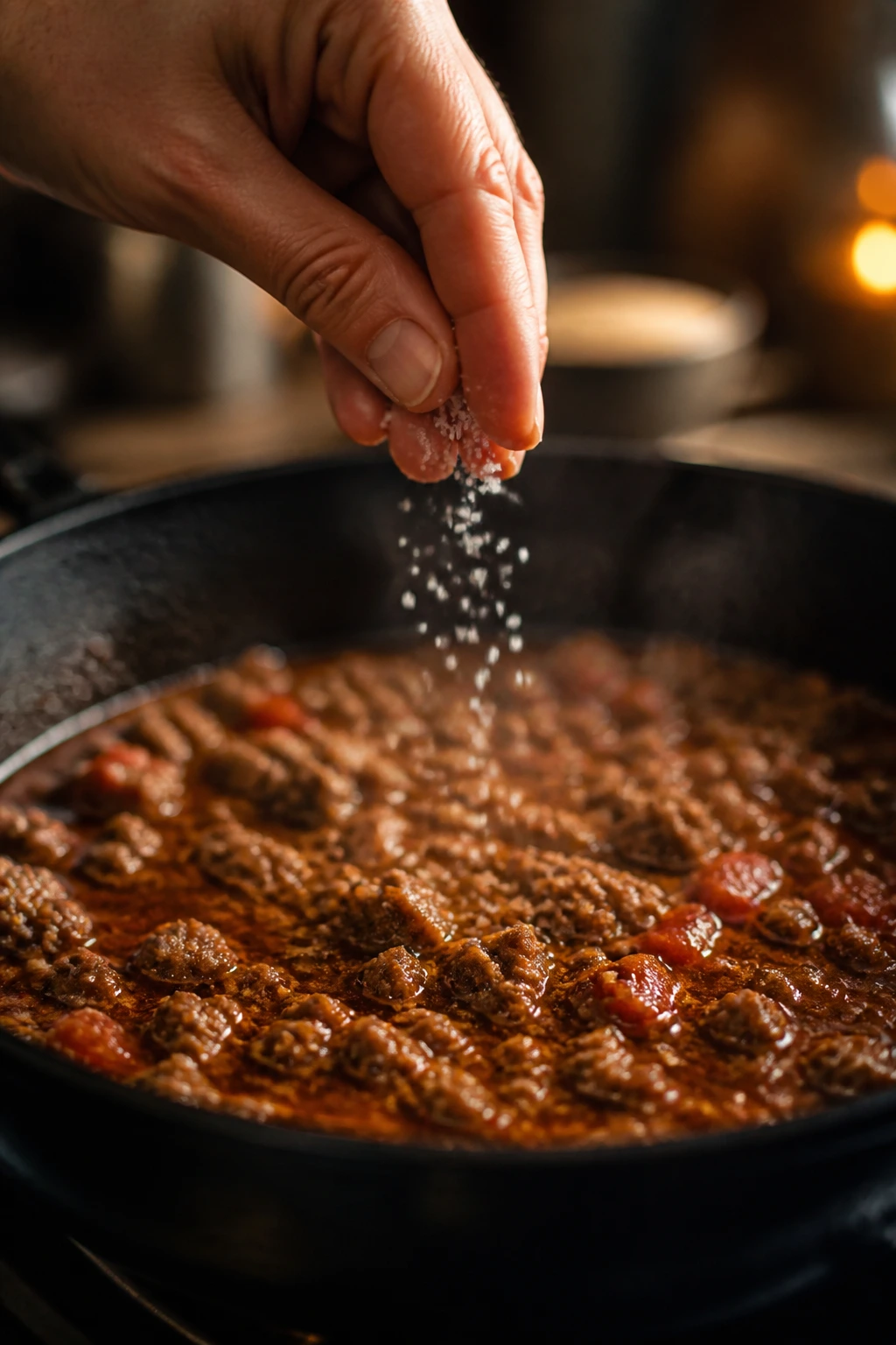 Hand sprinkling salt over simmering beef pan