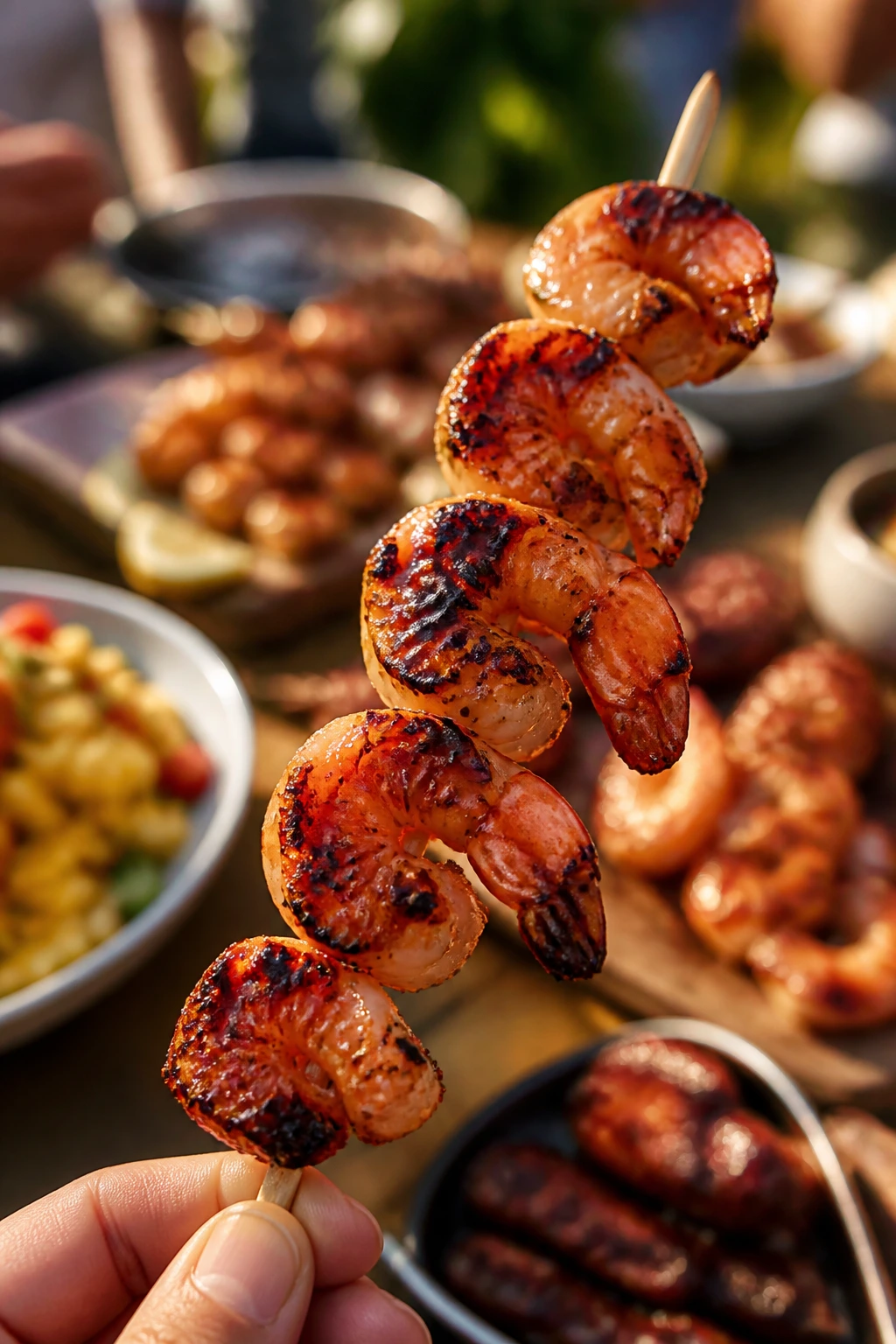 Shrimp skewer held in hand at a backyard buffet table