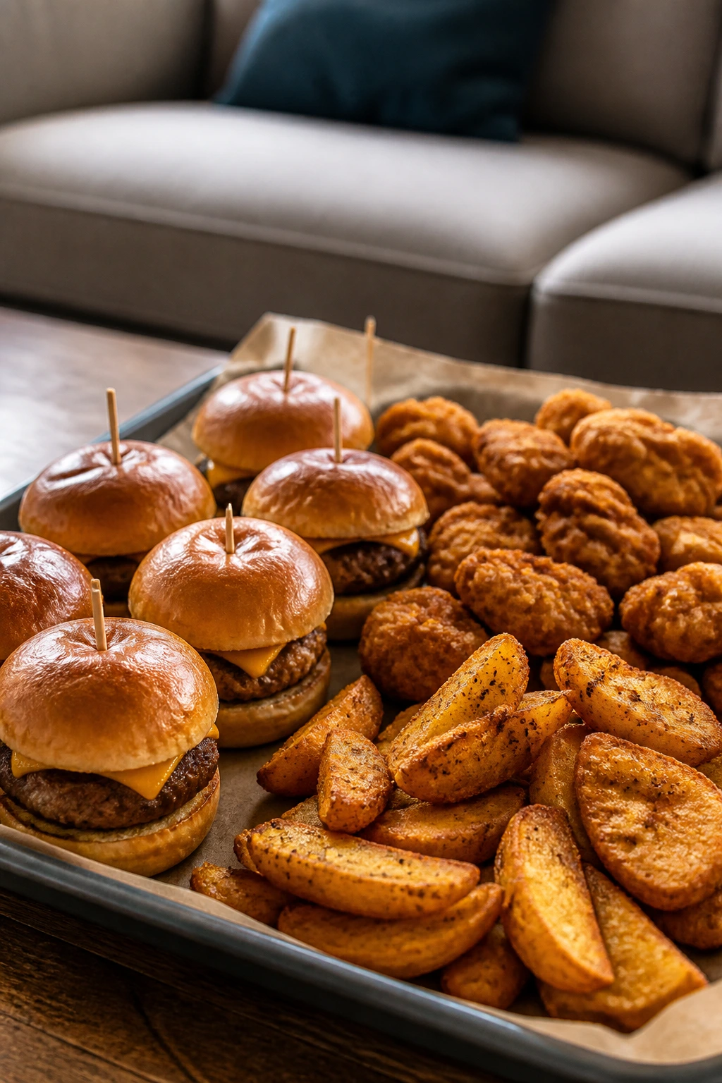 Tray of handheld dinner bites on a coffee table for movie night