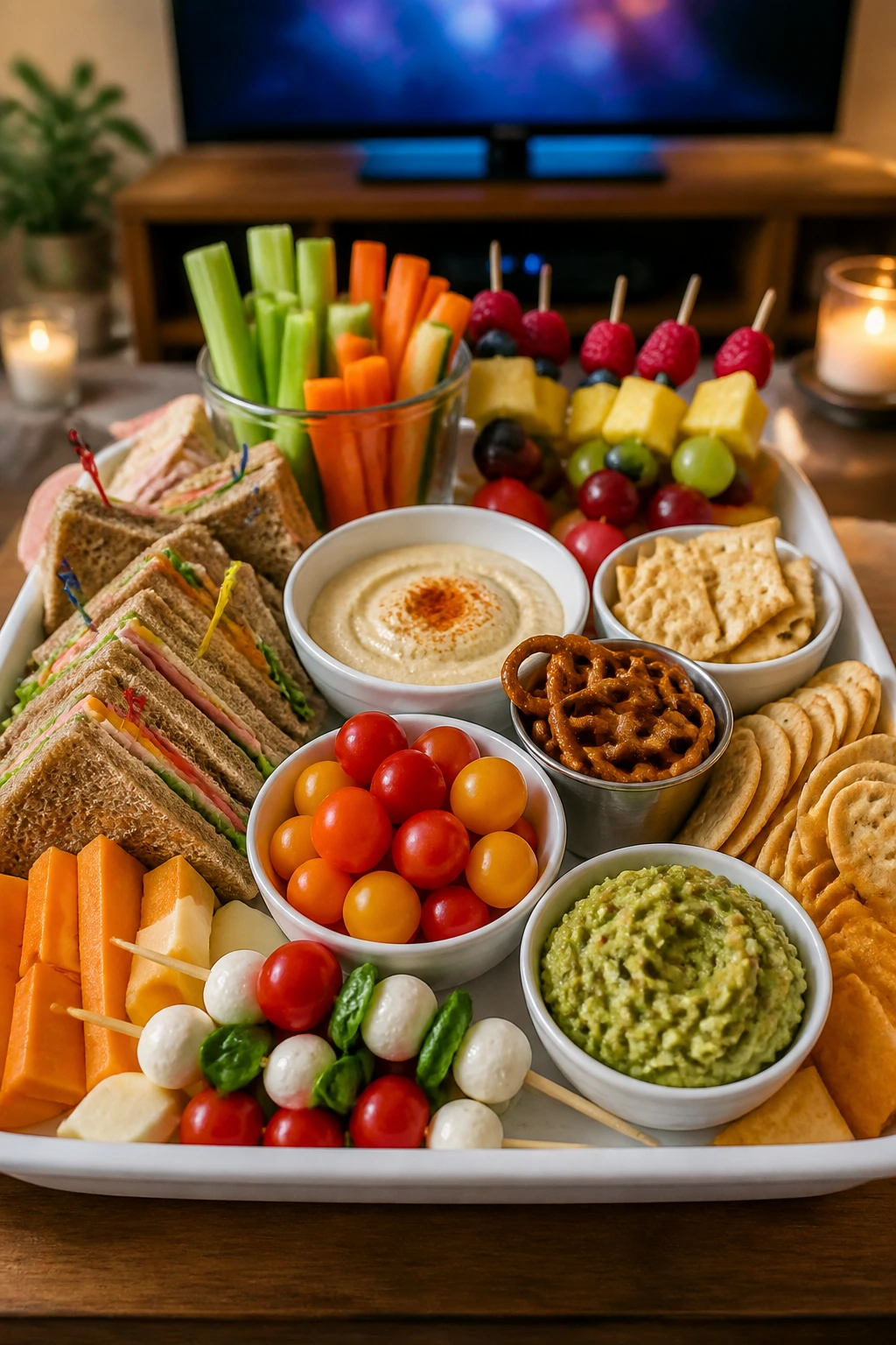 Top-down view of a tray of handheld snacks for movie night