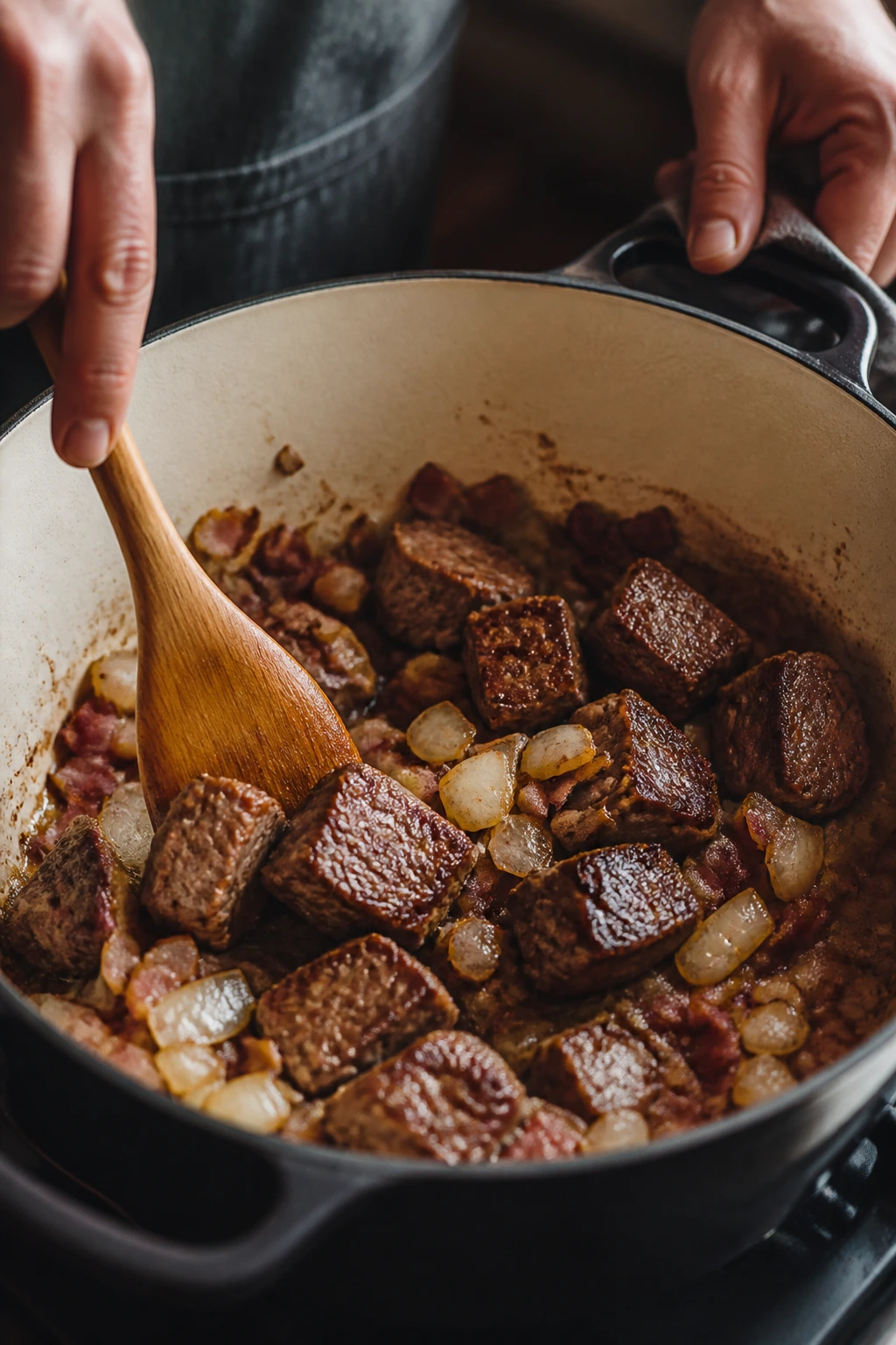 Hands tending a Dutch oven while browning beef for the stew.